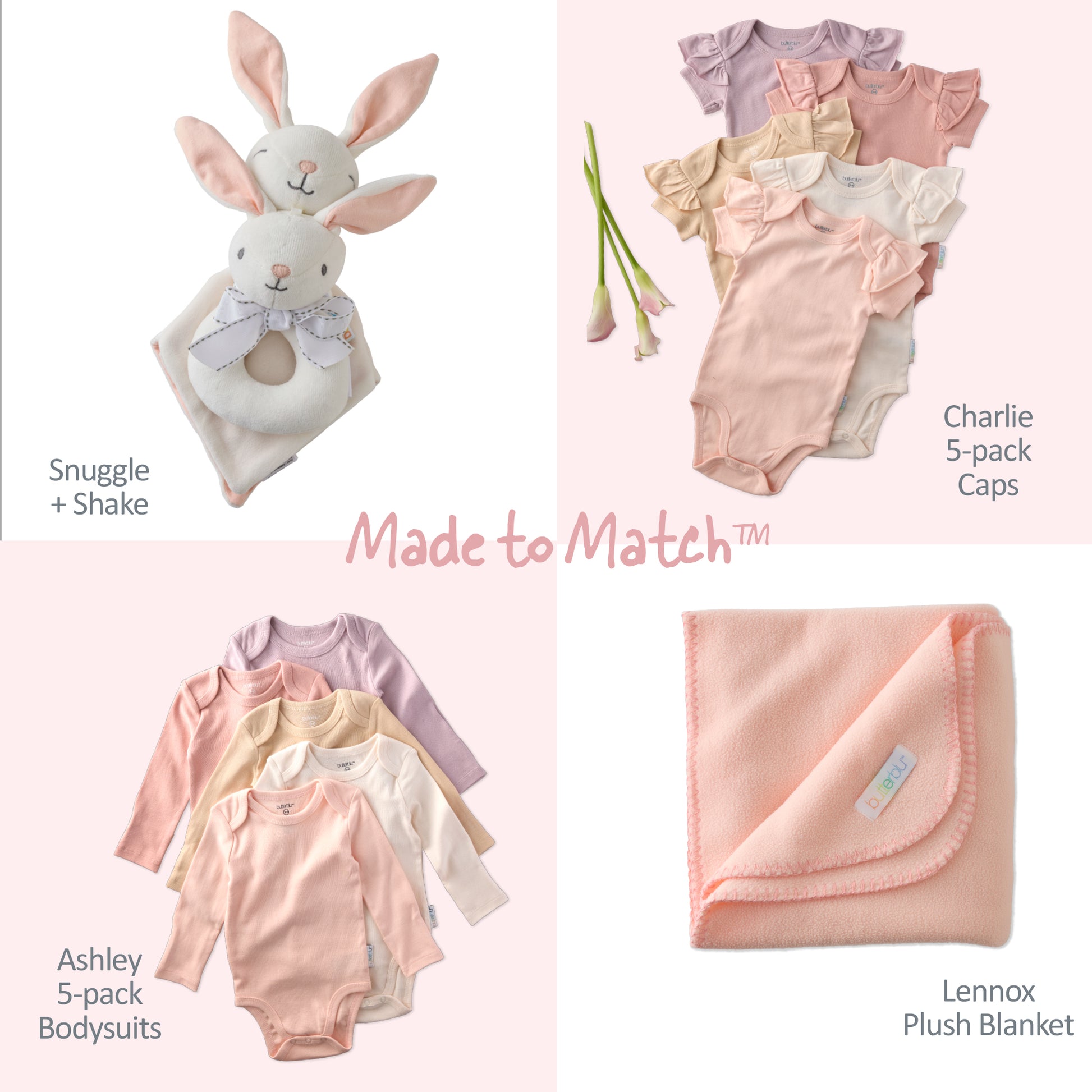 Baby clothing and toy set with 'Made to Match' text on a pink background