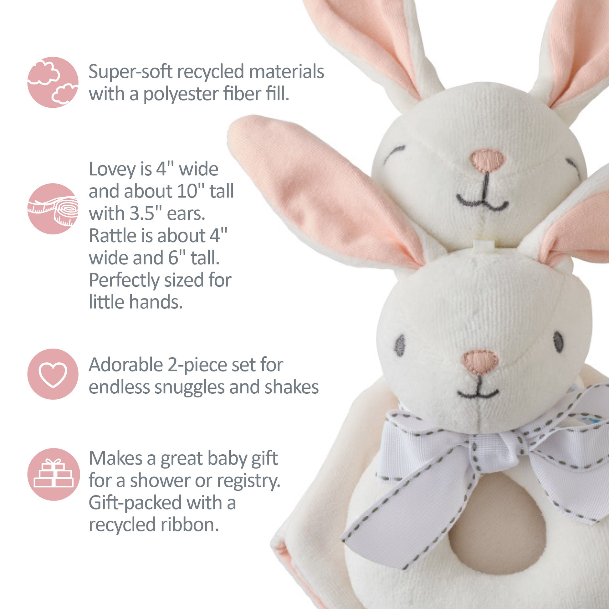 Two white stuffed bunny toys with pink ears and a recycled ribbon on a white background.