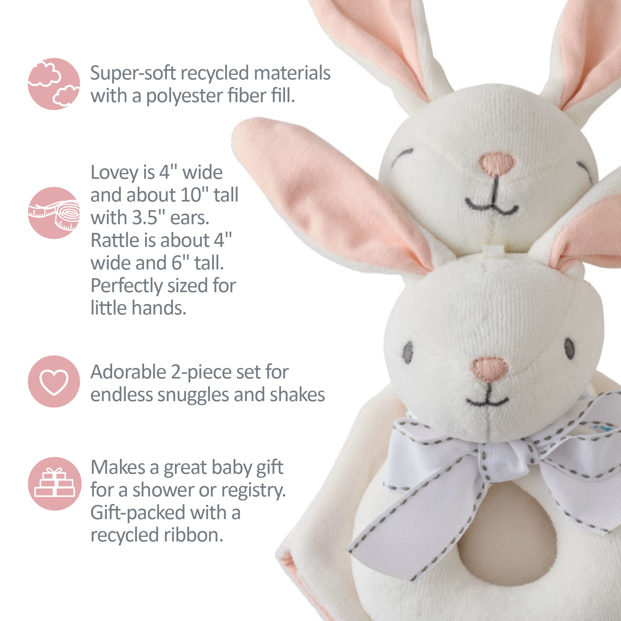 Two white stuffed bunny toys with pink ears and a recycled ribbon on a white background.