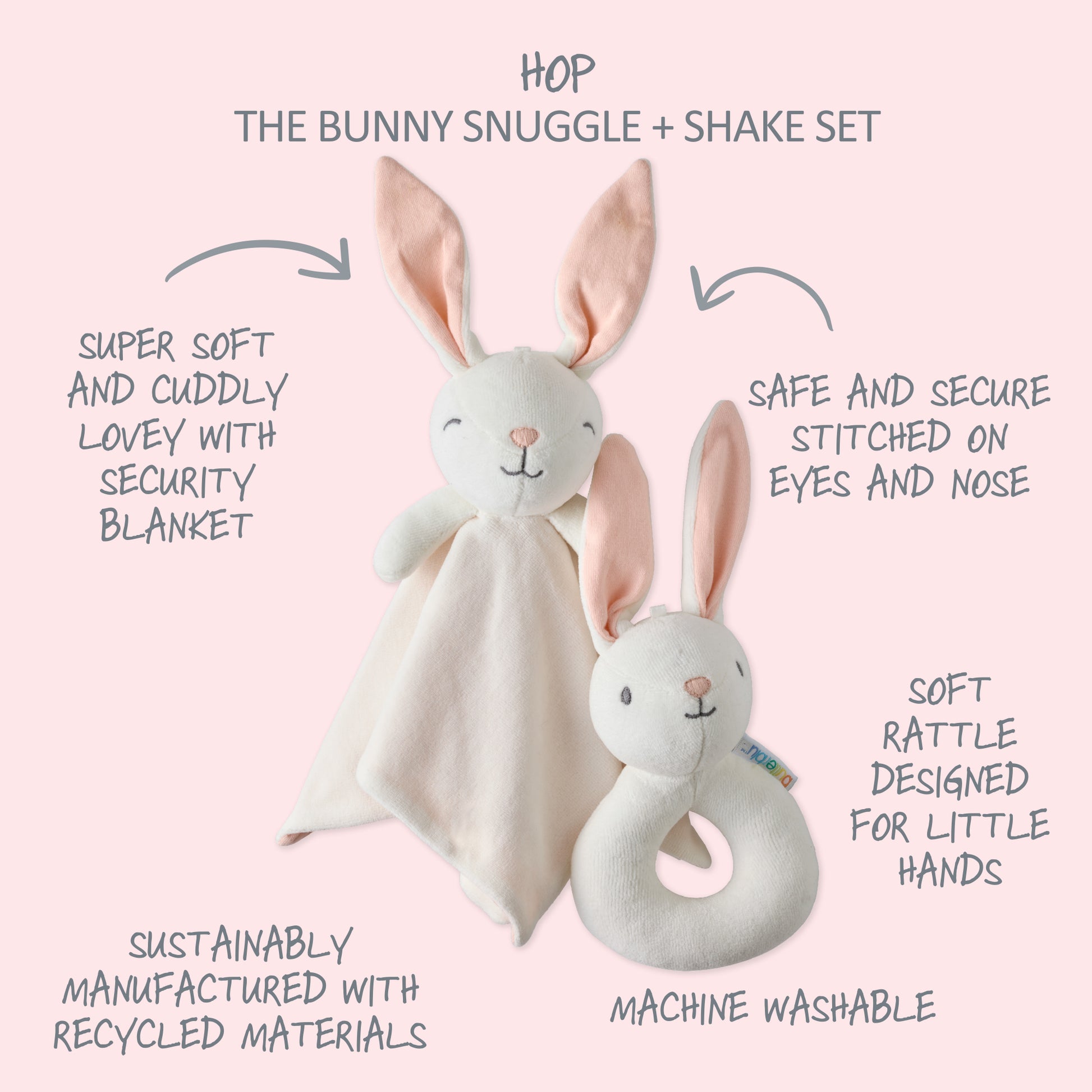 Bunny snuggle and shake set with text on a pink background