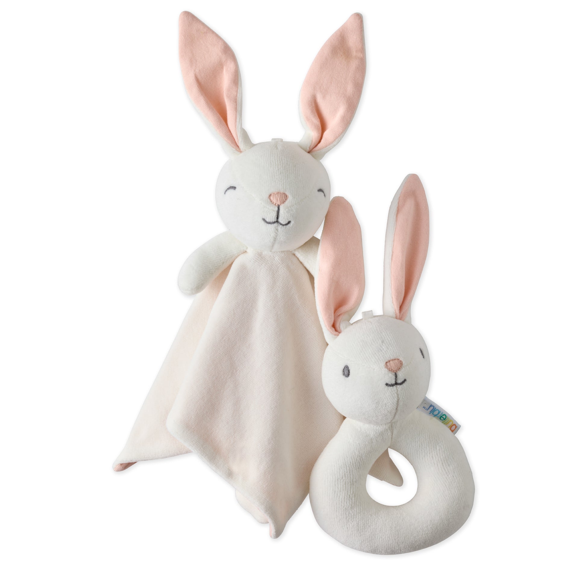 Two plush rabbit toys, one with a blanket and the other with a rattle, on a white background.