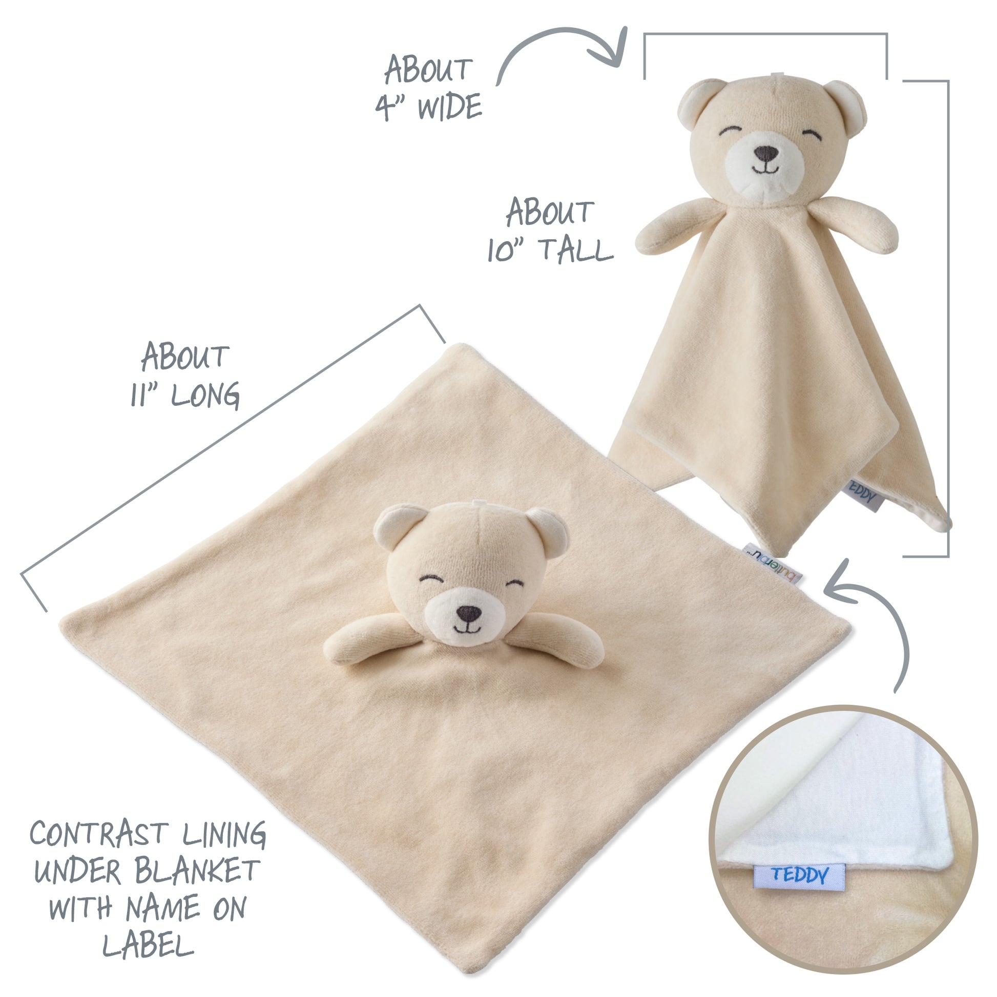 Beige teddy bear security blanket with measurements and close-up on a white background