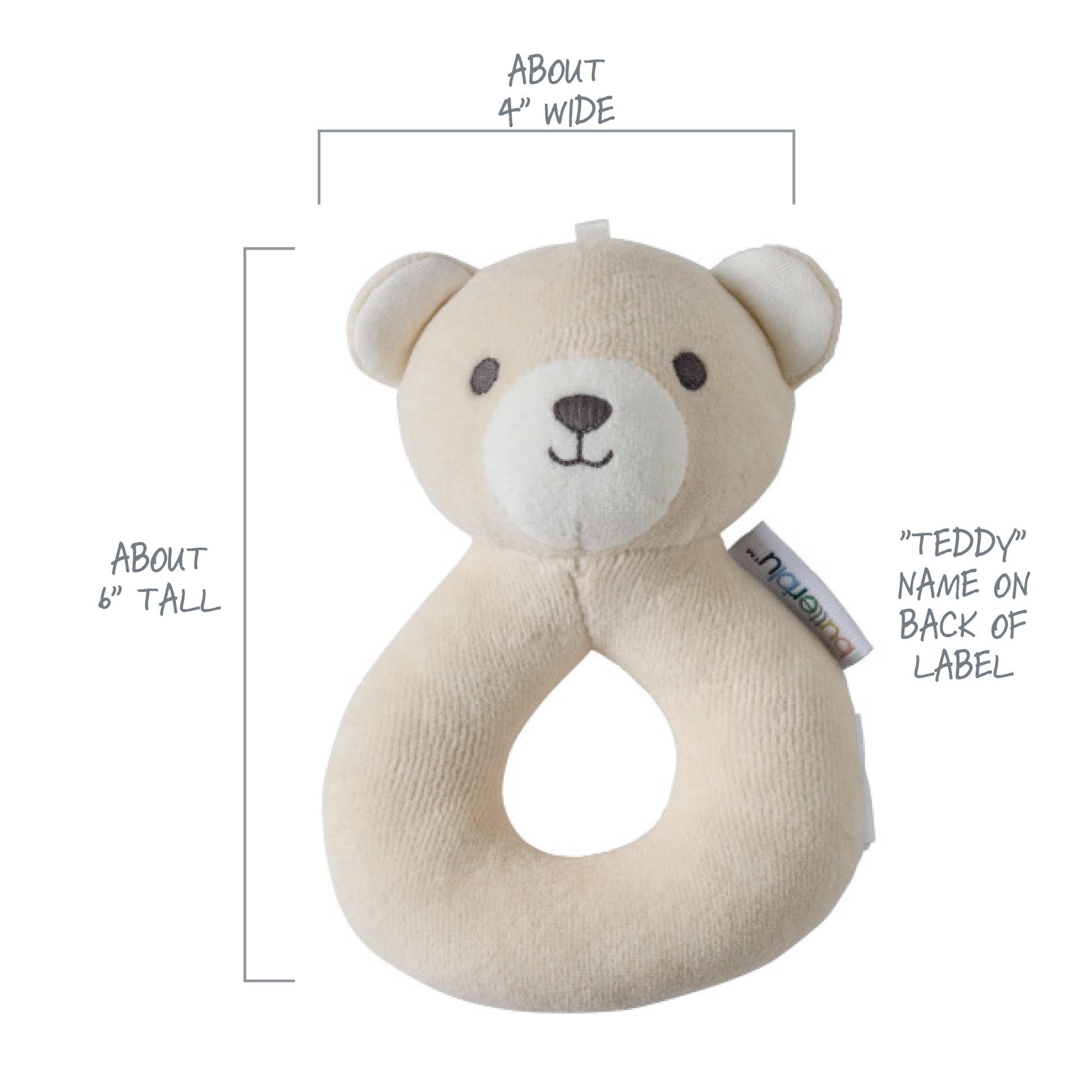 Beige teddy bear-shaped ring with measurements and brand name on a white background