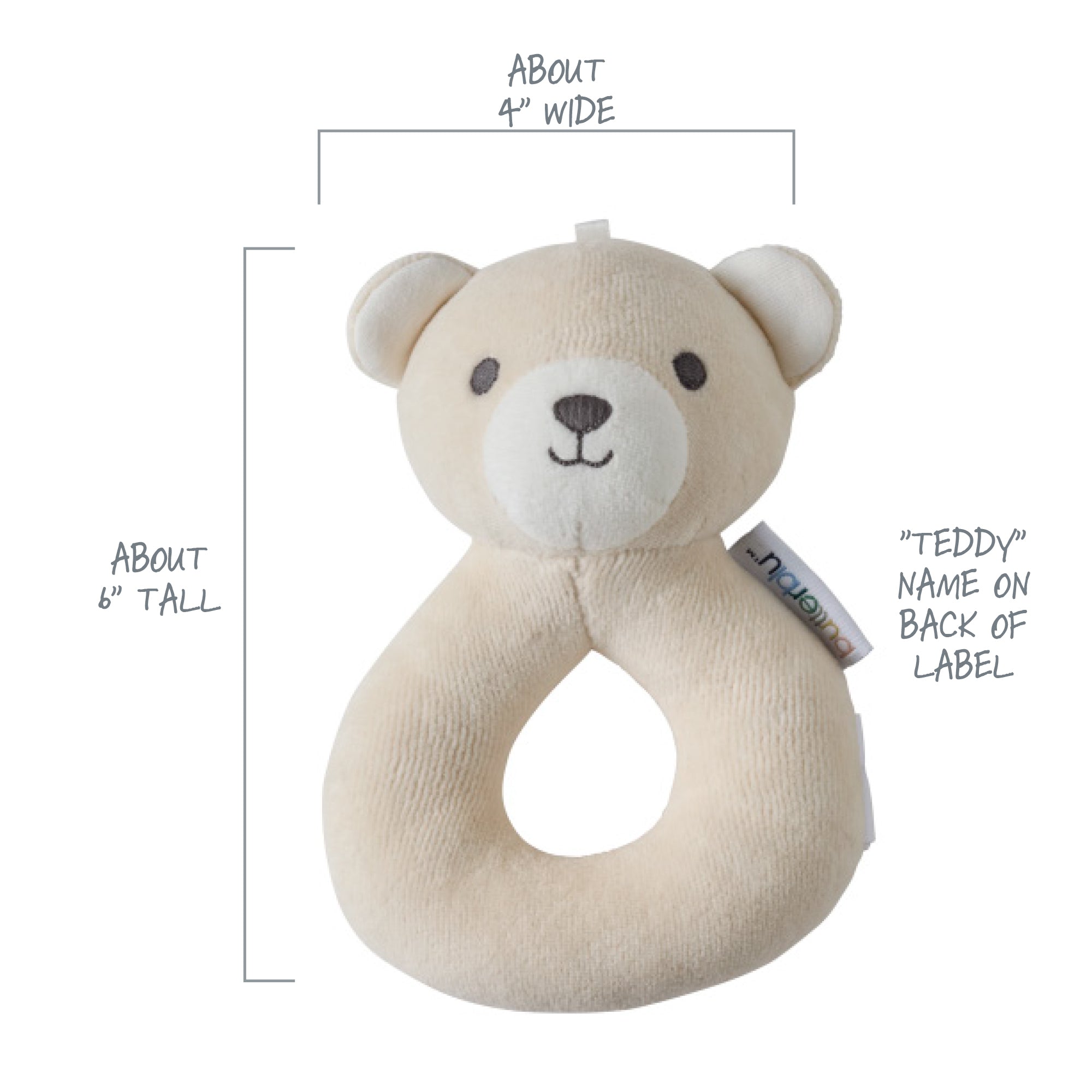 Beige teddy bear-shaped ring with measurements and brand name on a white background