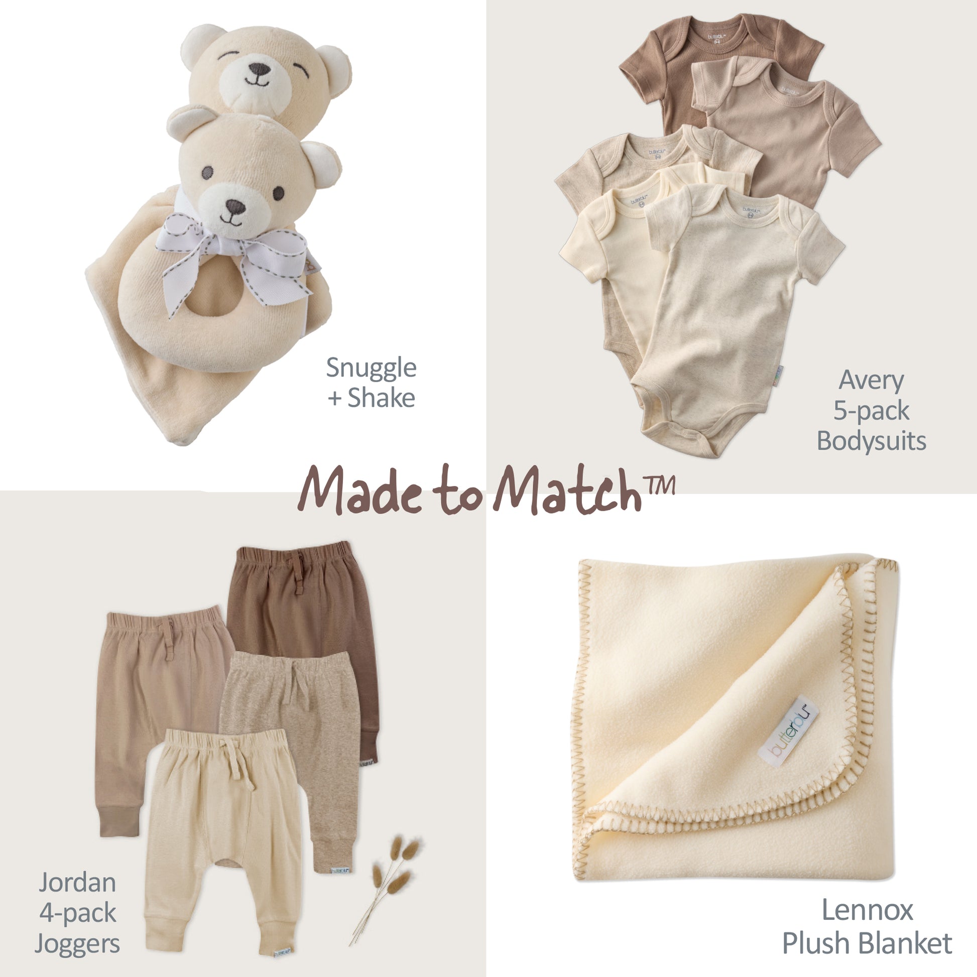 Baby clothing and accessories including teddy bear, bodysuits, joggers, and plush blanket with 'Made to Match' text.
