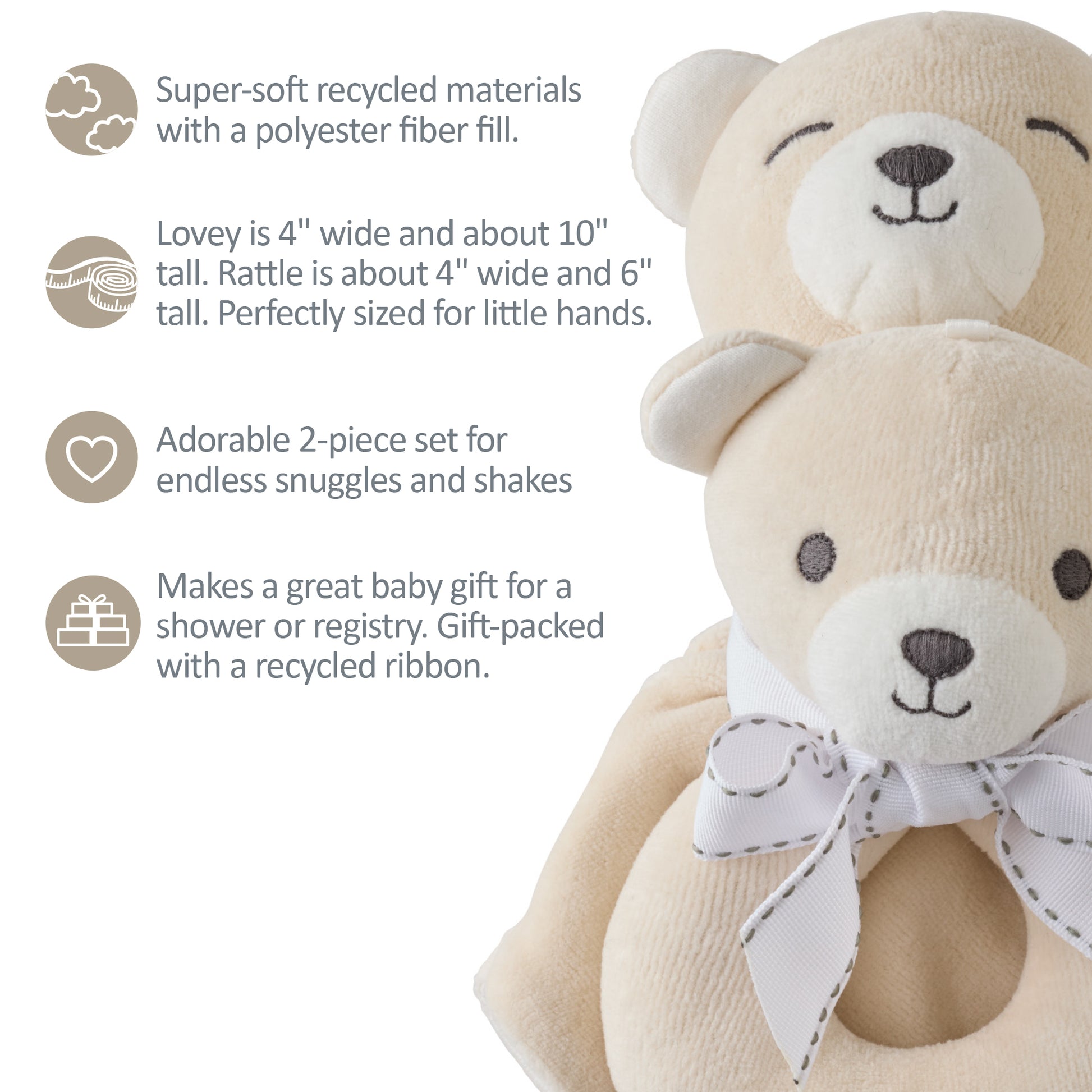 Baby teddy bear and rattle set with recycled materials on a white background