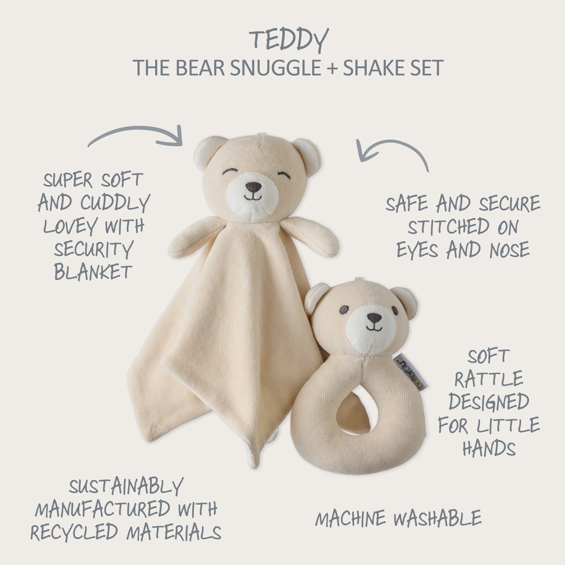 Teddy bear snuggle and shake set with text describing features on a white background