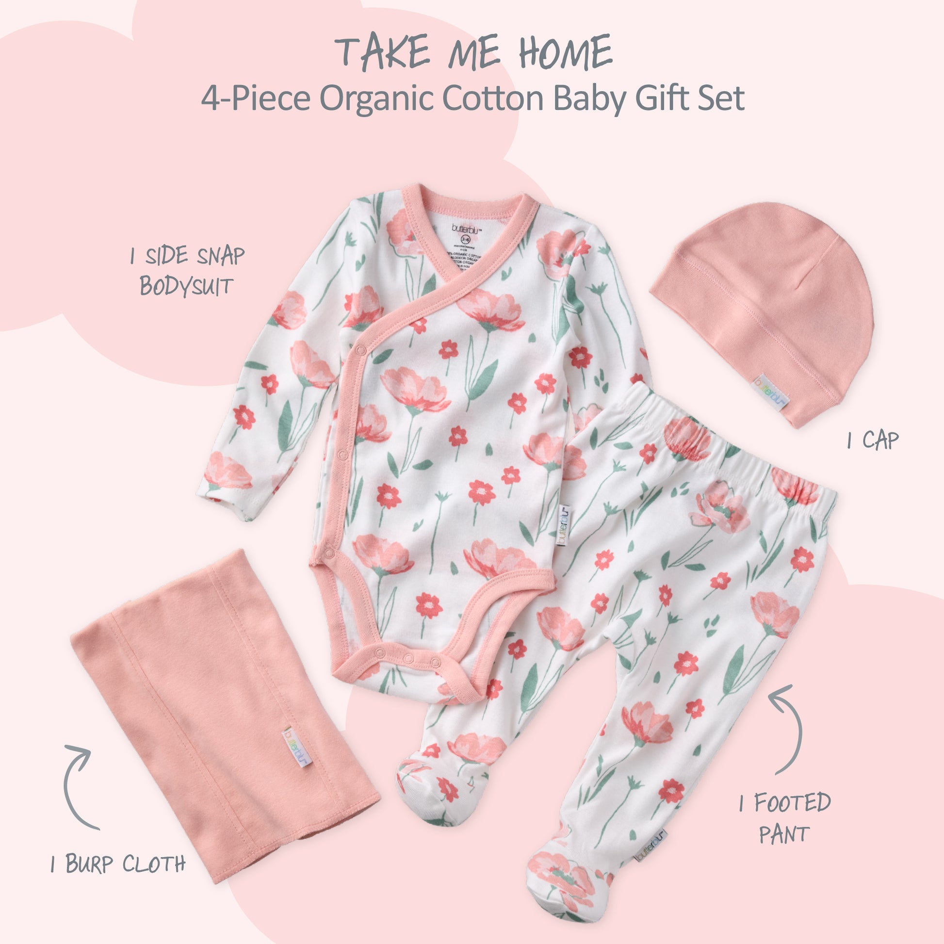 4-piece organic cotton baby gift set with floral bodysuit, cap, footed pant, and burp cloth on a pink background.