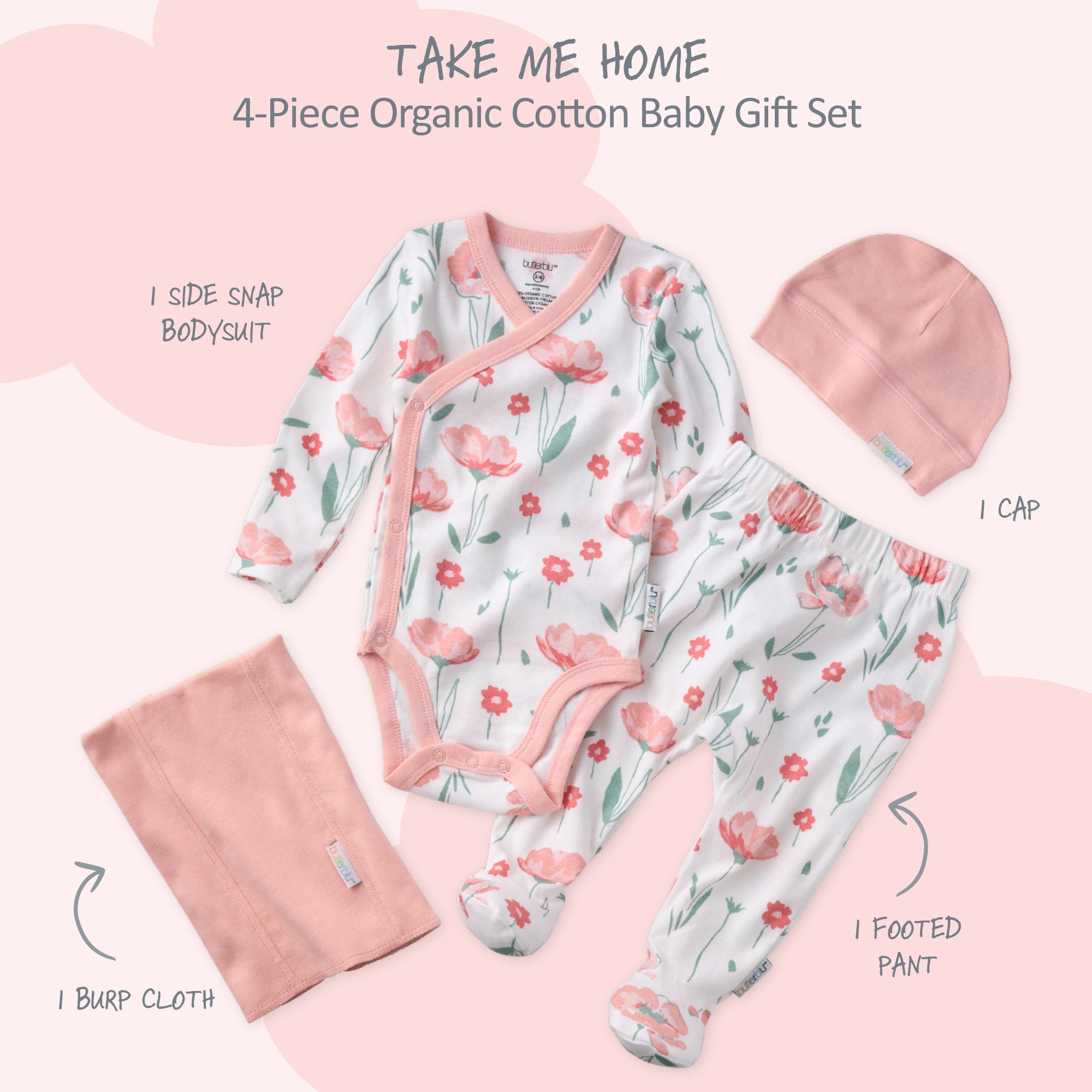 4-piece organic cotton baby gift set with floral bodysuit, cap, footed pant, and burp cloth on a pink background.