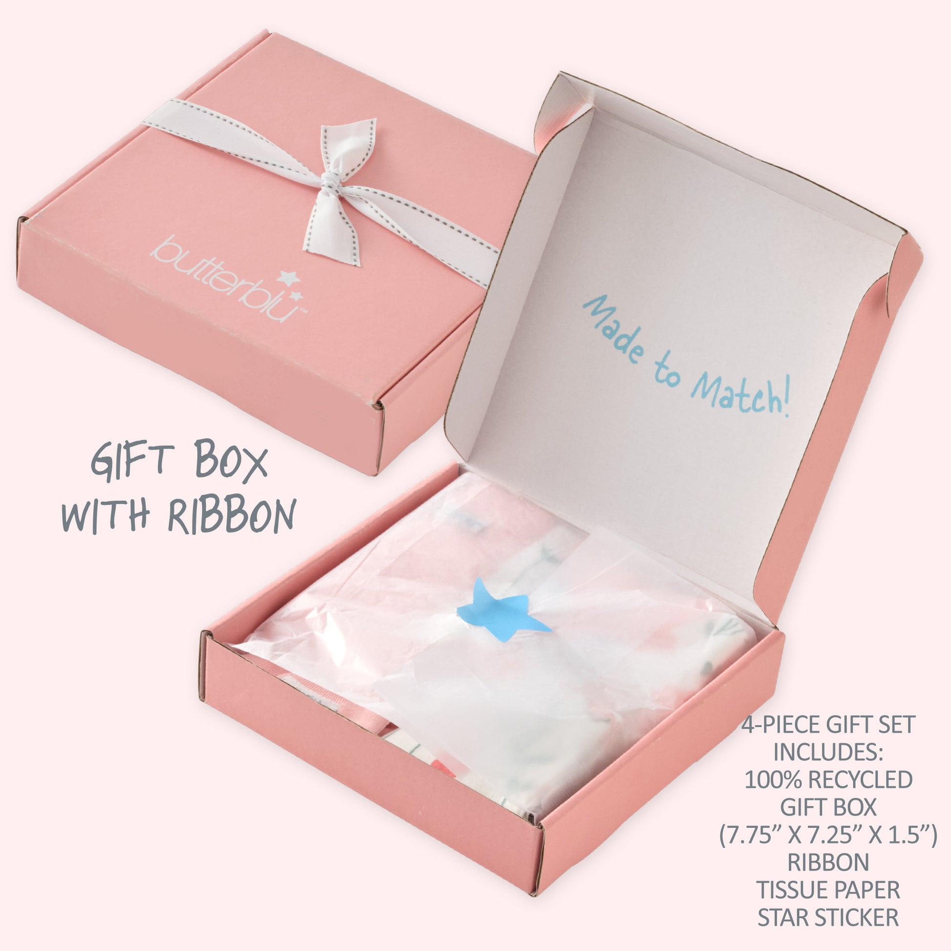 Pink gift box with ribbon and star sticker, featuring 'butterblu' branding.