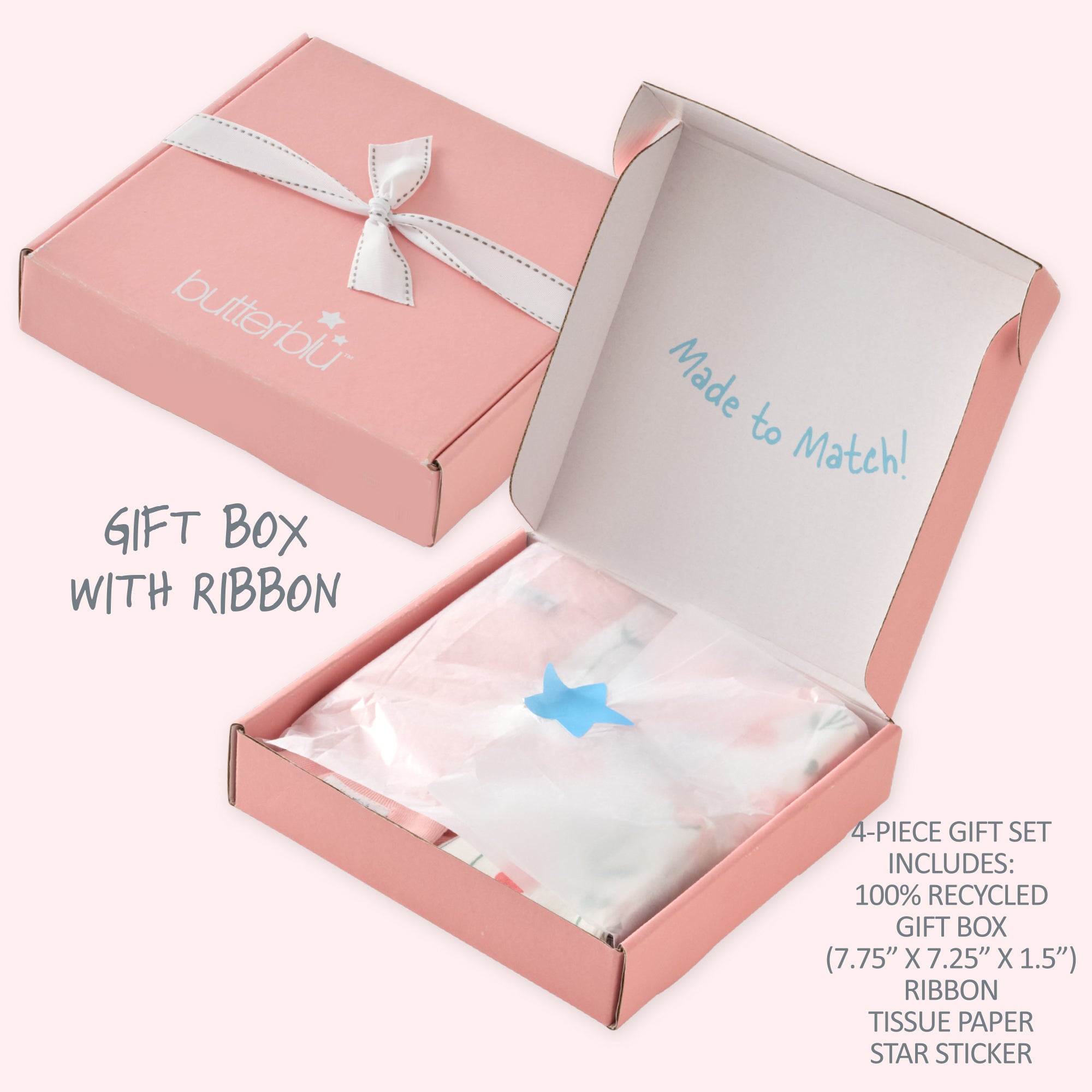 Pink gift box with ribbon and star sticker, featuring 'butterblu' branding.