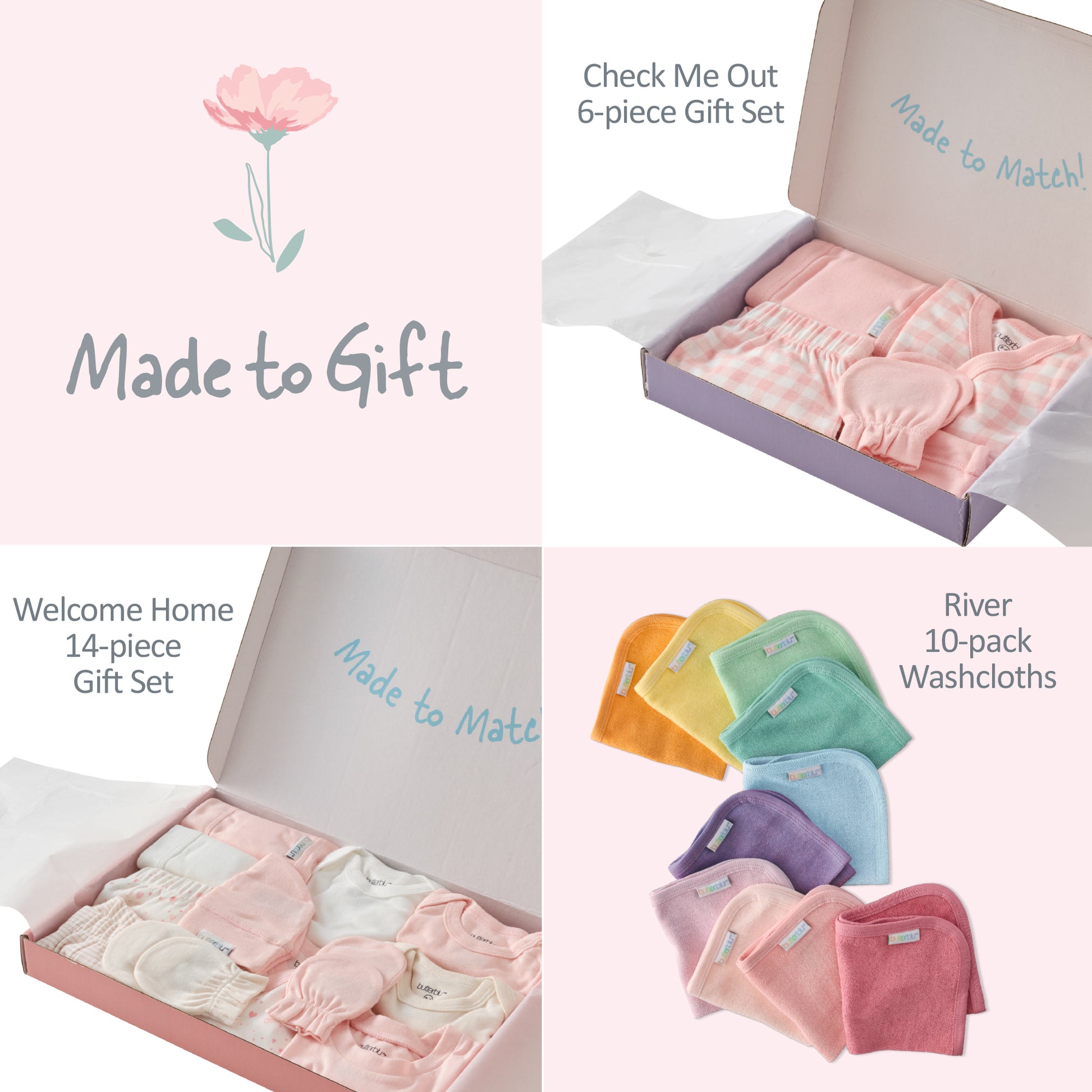 Collage of baby gift sets with 'Made to Gift' branding and product names.