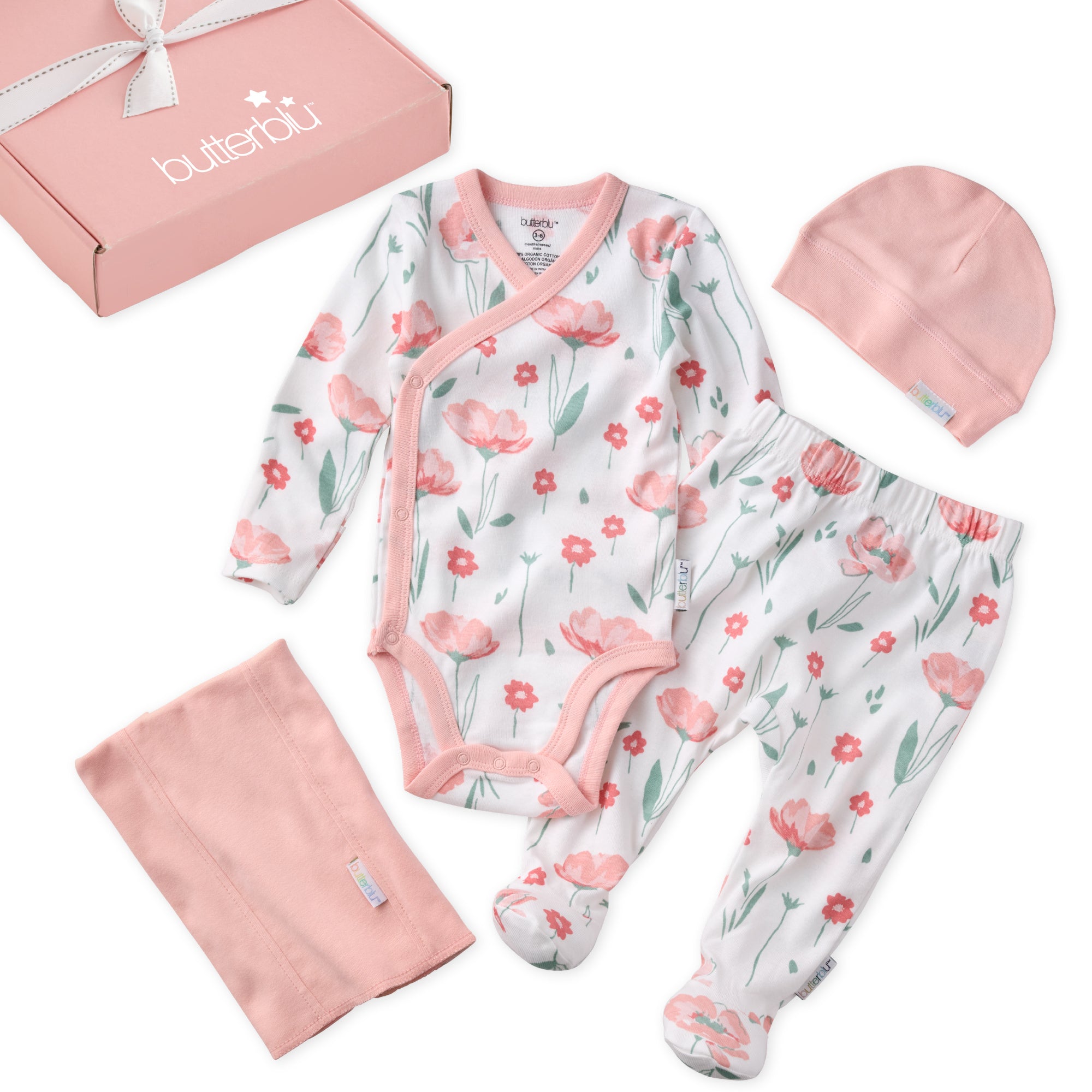 Baby clothing set with floral pattern, including a onesie, pants, hats, and a blanket, displayed against a white background.