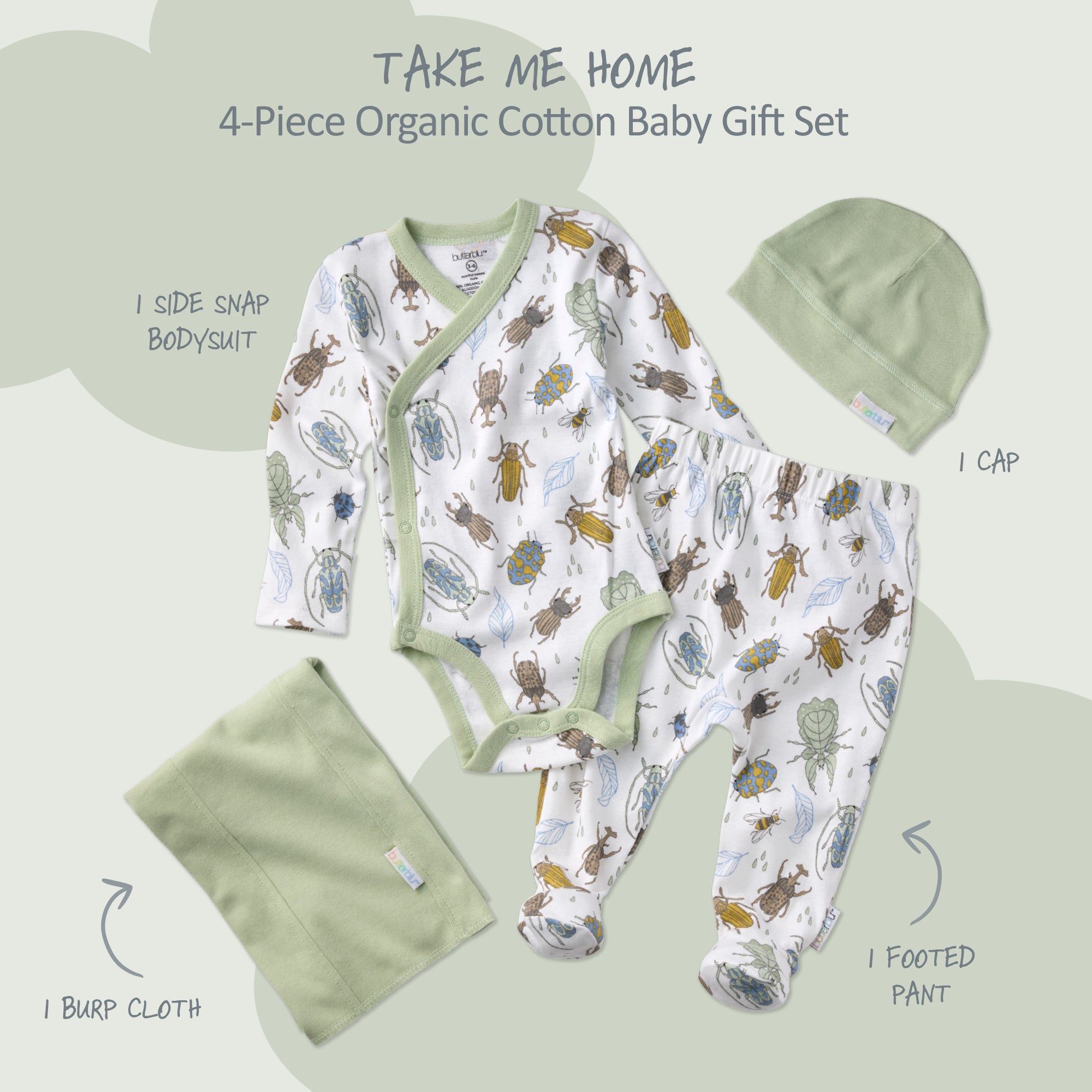 4-piece organic cotton baby gift set with bodysuit, pants, cap, and burp cloth on a light gray background.