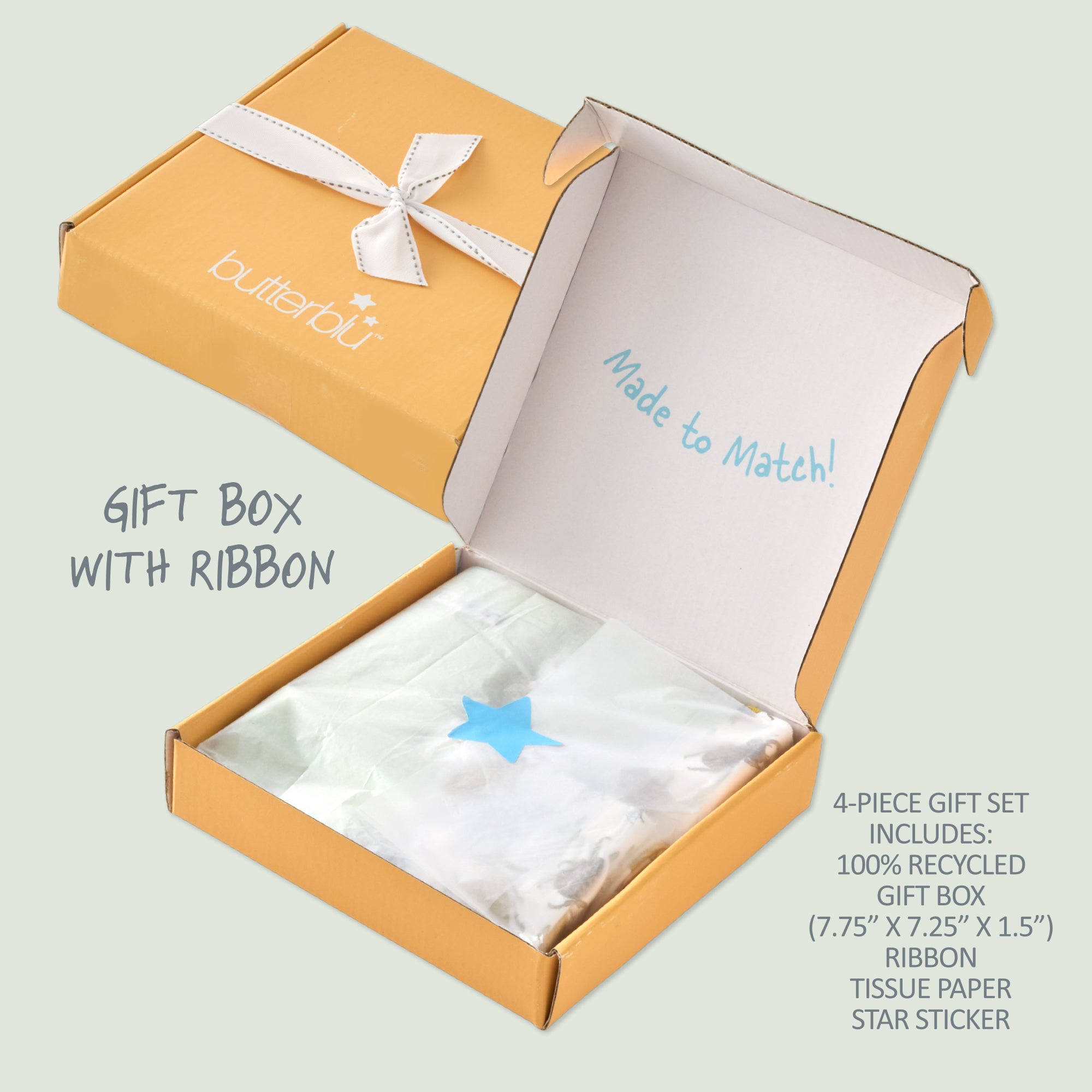 Open gift box with ribbon and tissue paper, featuring the brand 'butterblu'.