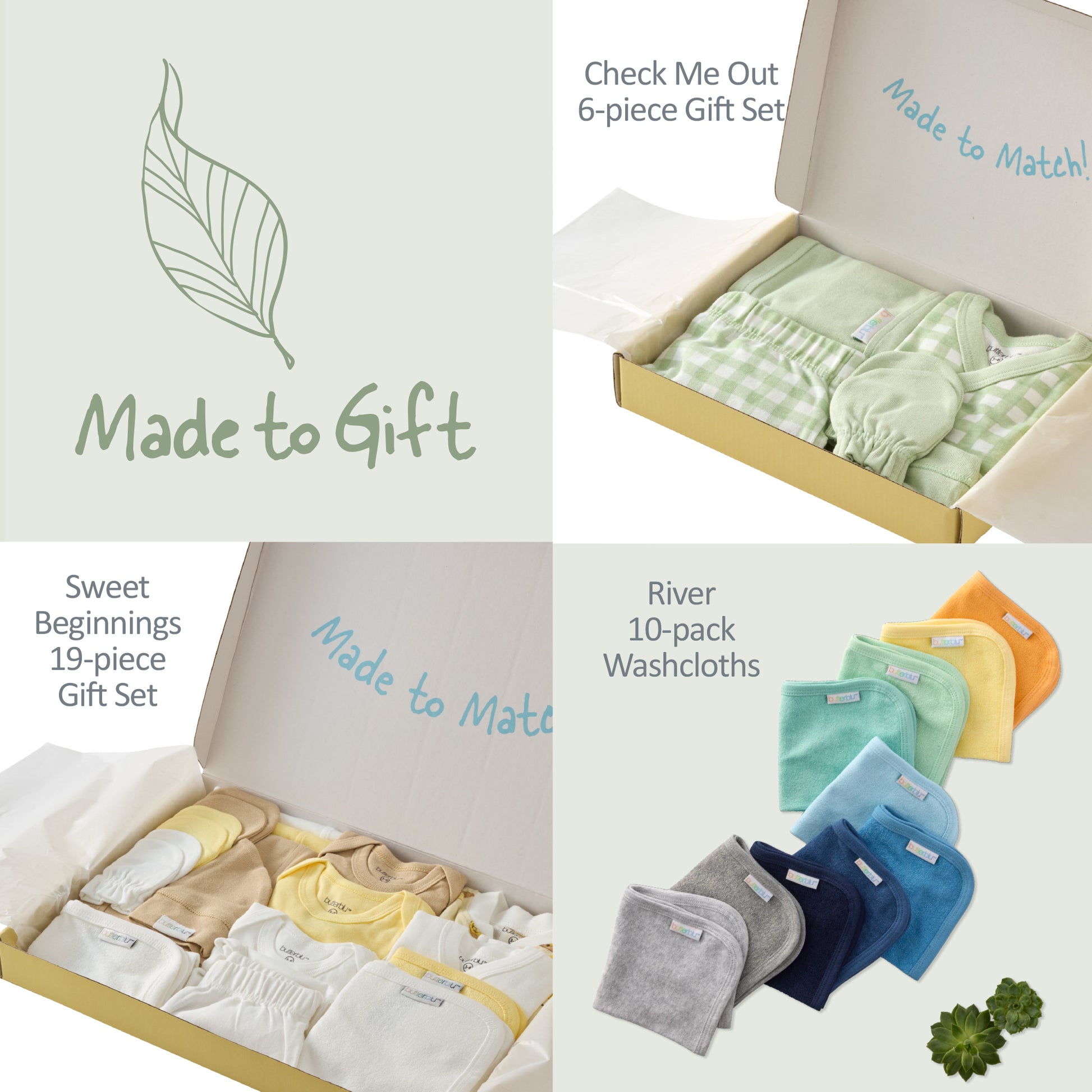 Collage of baby gift sets and washcloths with 'Made to Gift' branding.