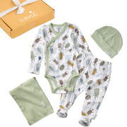 Baby clothing set with onesie, pants, hat, and blanket from Butterbur on a white background.
