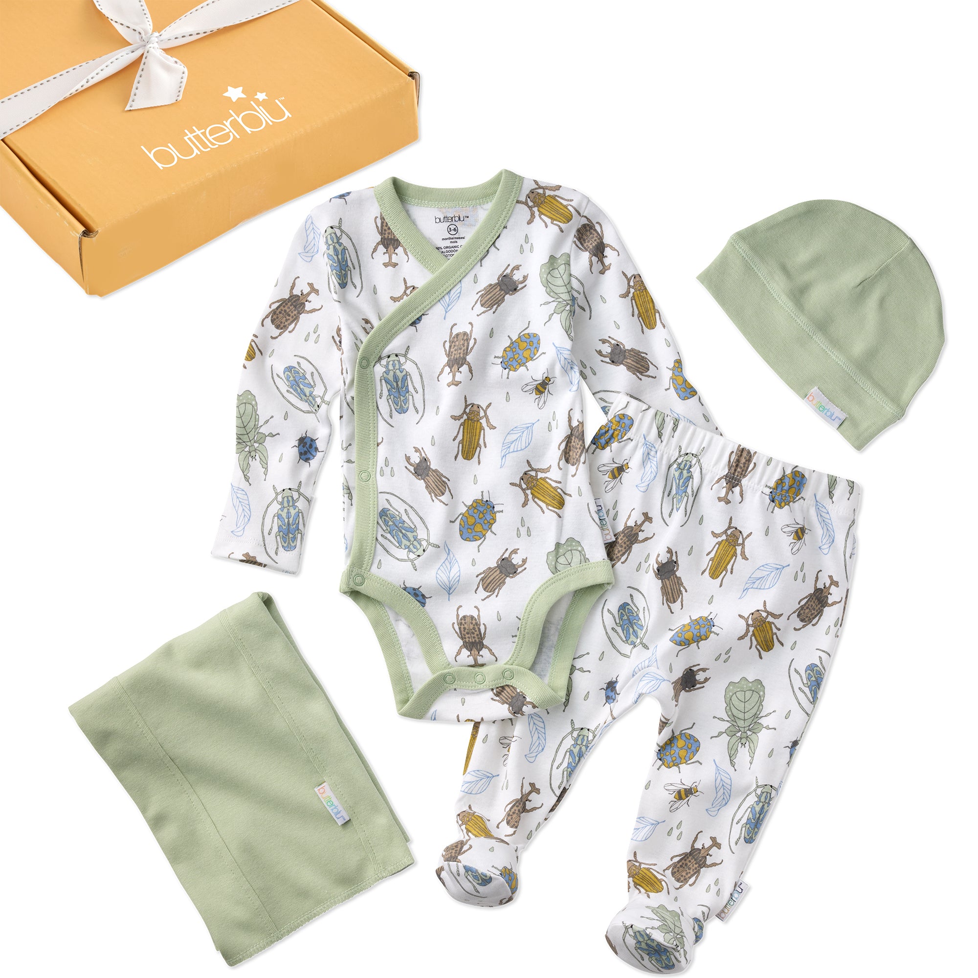 Baby clothing set with onesie, pants, hat, and blanket from Butterbur on a white background.