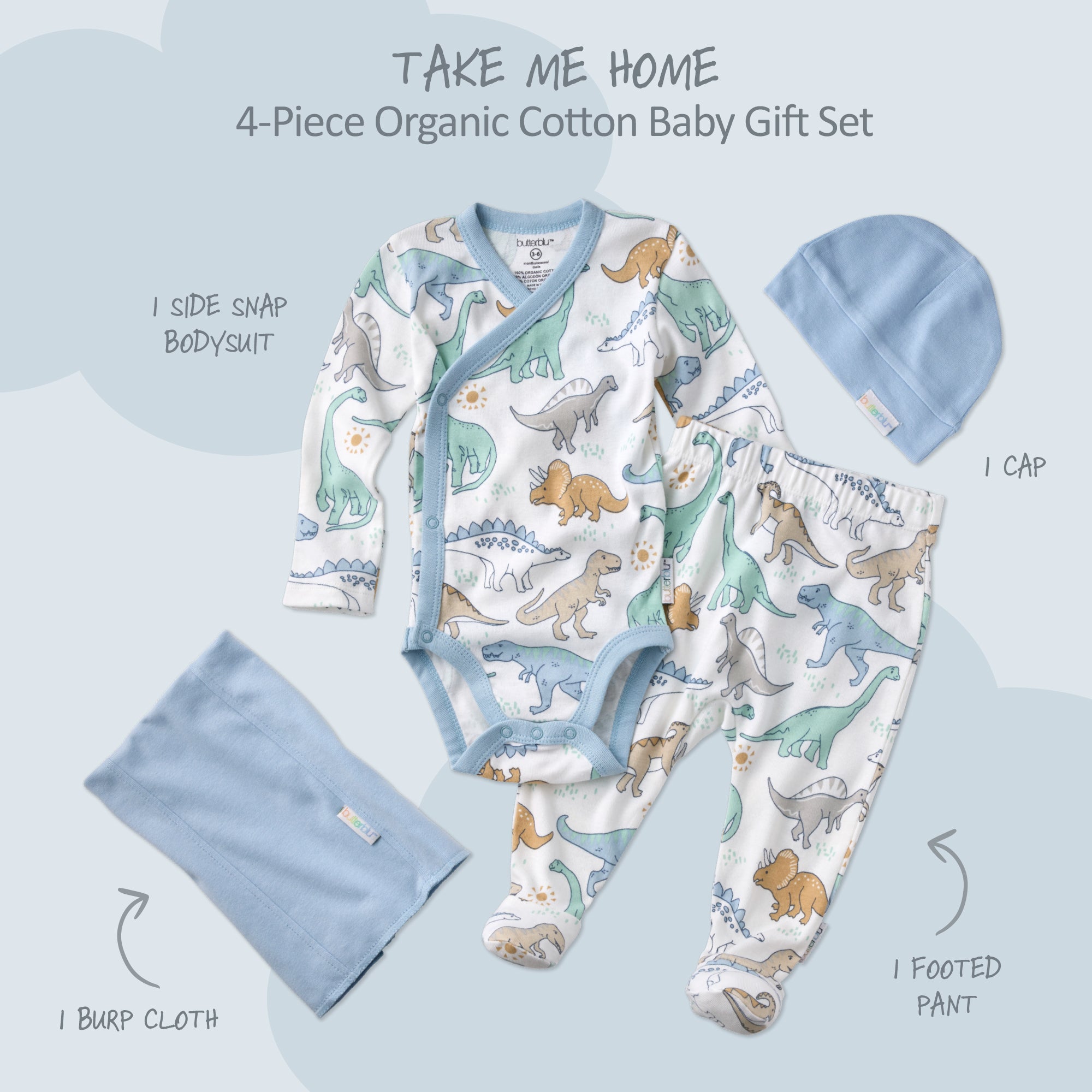 4-piece organic cotton baby gift set with dinosaur-themed clothing on a light blue background