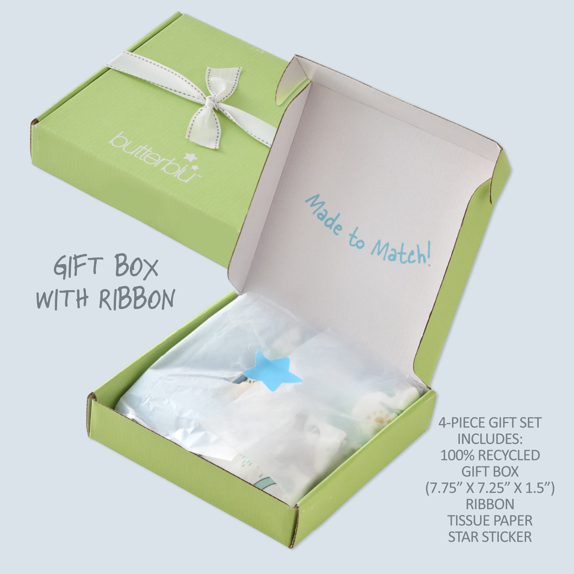 Green gift box with ribbon and tissue paper, featuring 'butterblu' branding.