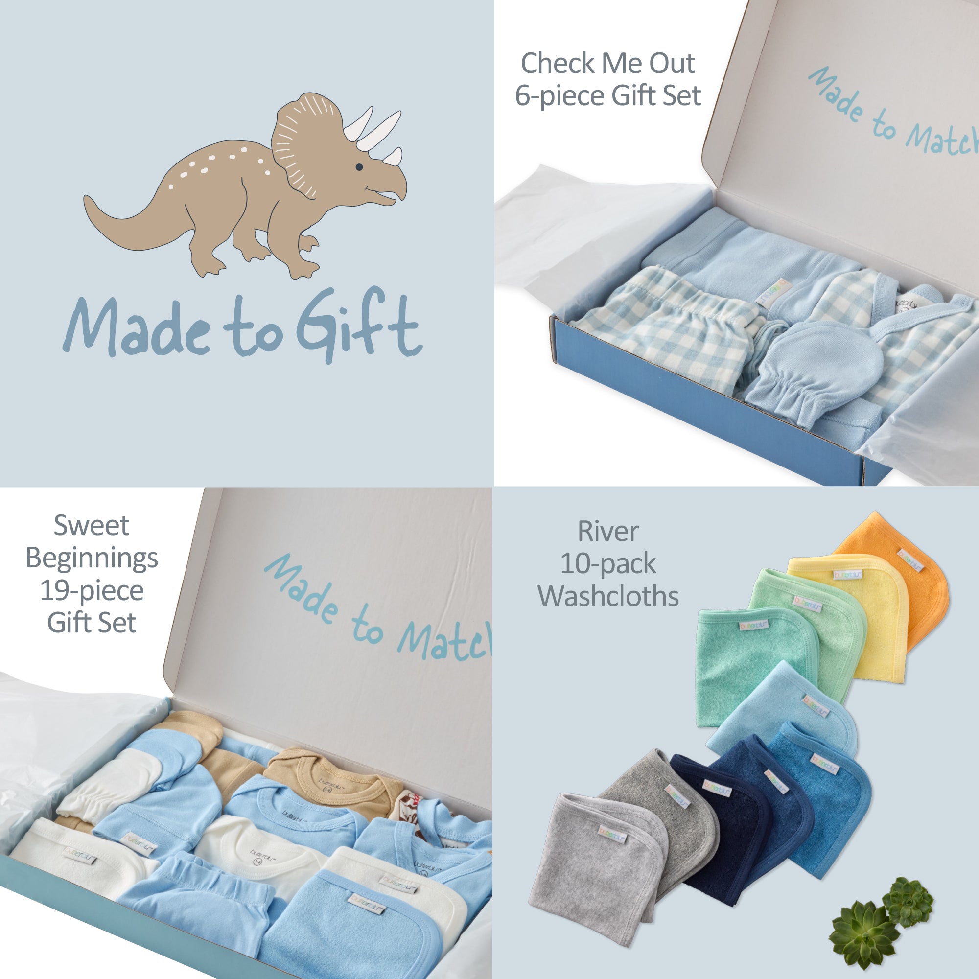 Collage of baby gift sets with text and images of baby clothes and washcloths.