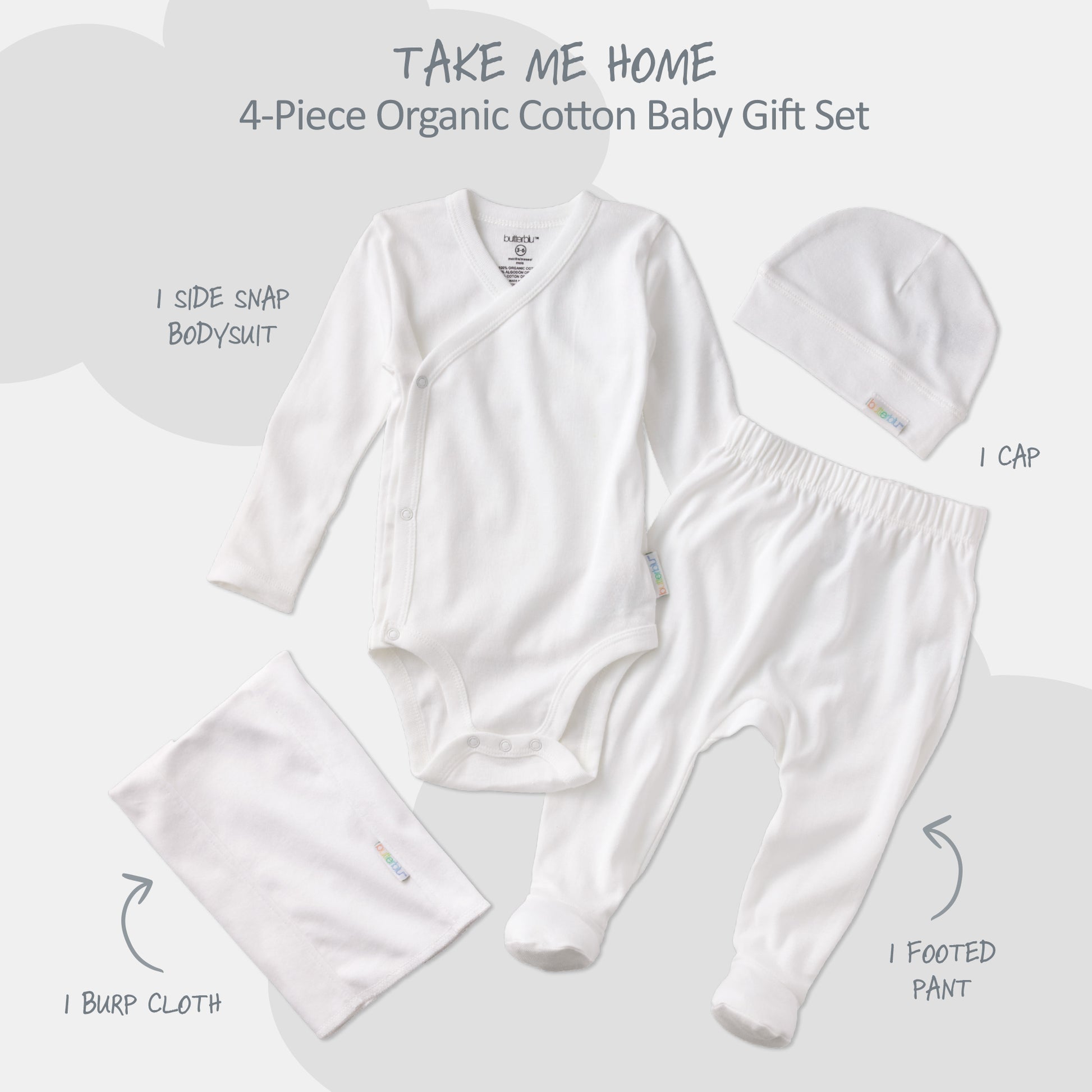 4-piece organic cotton baby gift set with side snap bodysuit, cap, footed pant, and burp cloth on a white background.