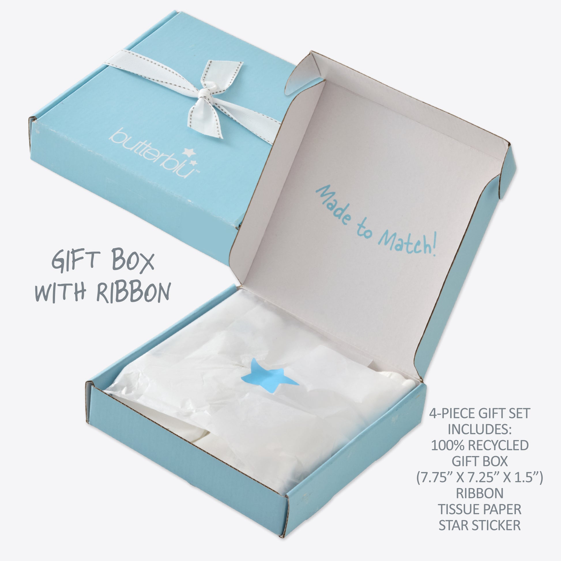 Open blue gift box with ribbon and star sticker, featuring 'butterblu' branding.