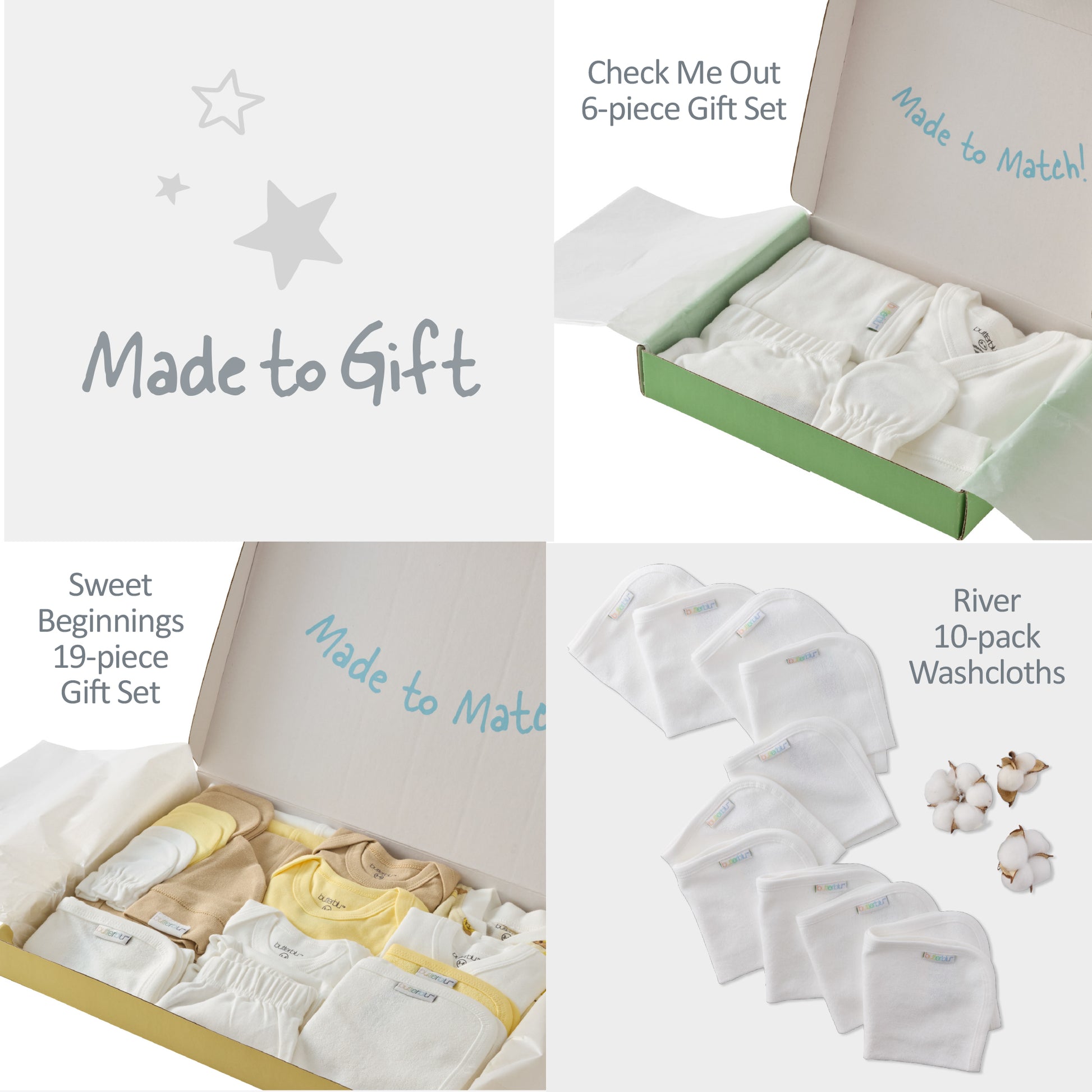 Collage of baby gift sets with text indicating product names and set sizes.