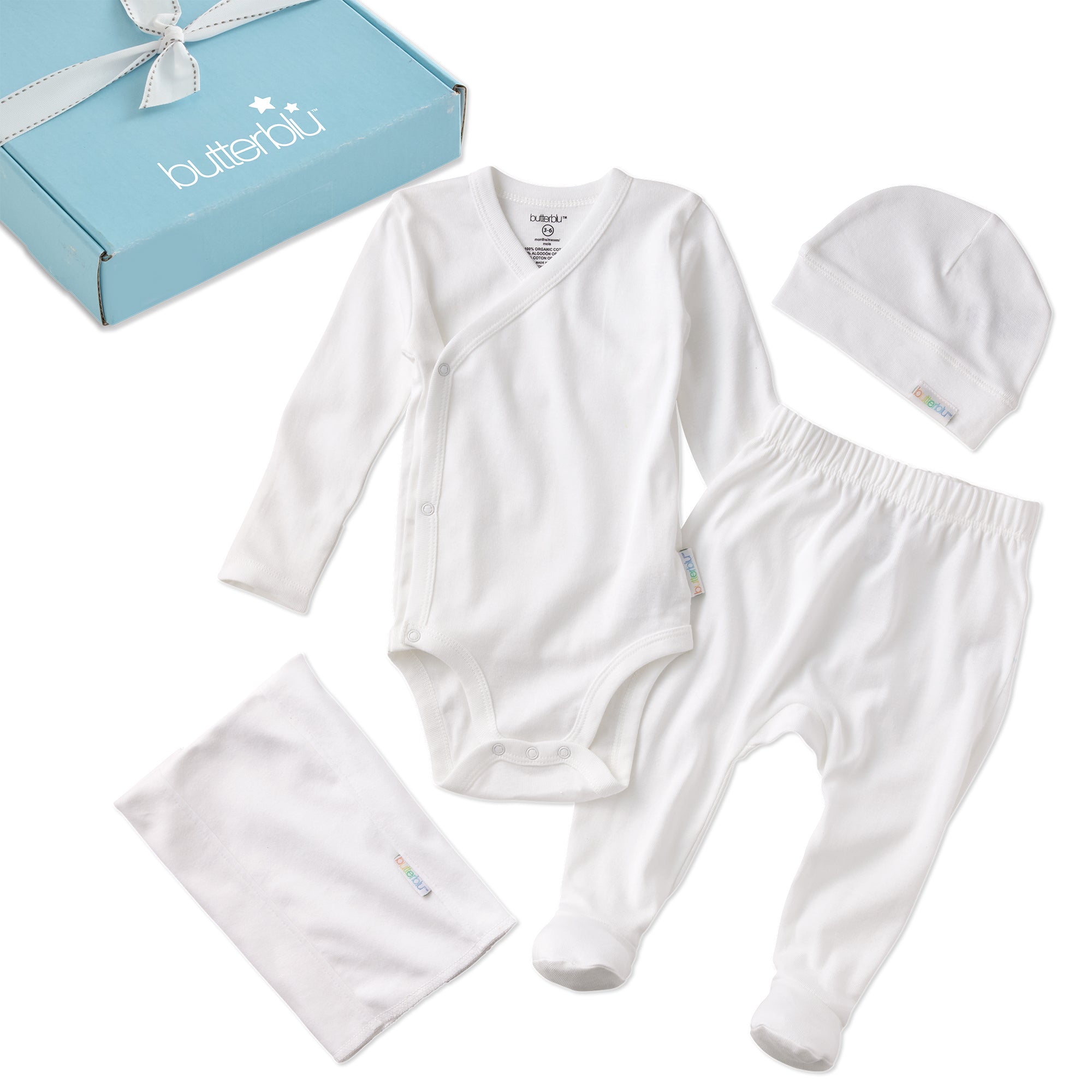 Baby clothing set with white onesie, pants, hat, and blanket in front of a blue box