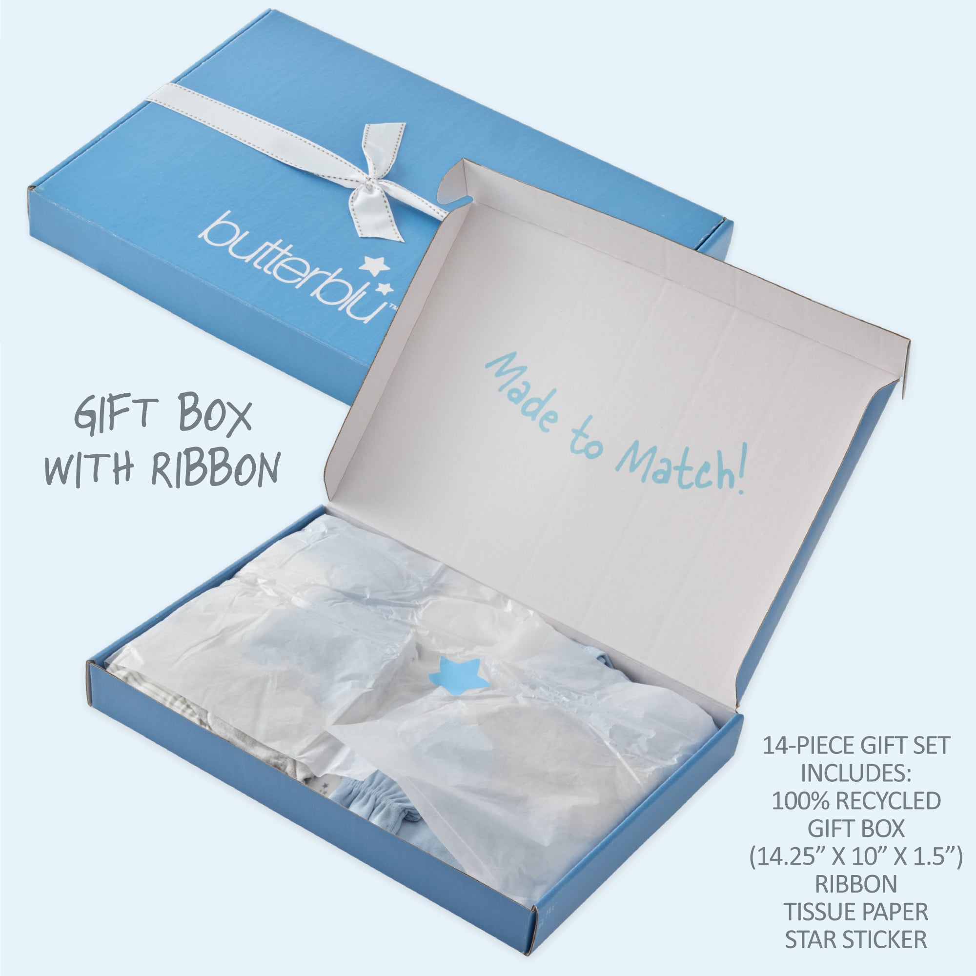 Open blue gift box with ribbon and tissue paper, featuring 'butterblu' branding.