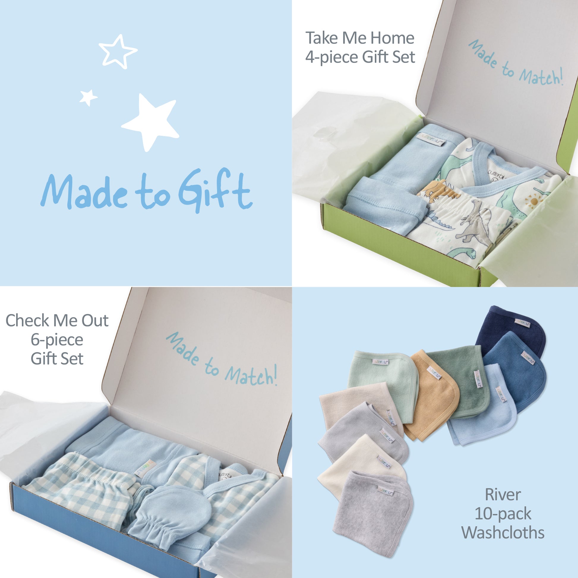 Baby gift sets with text indicating product names and quantities on a light blue background.