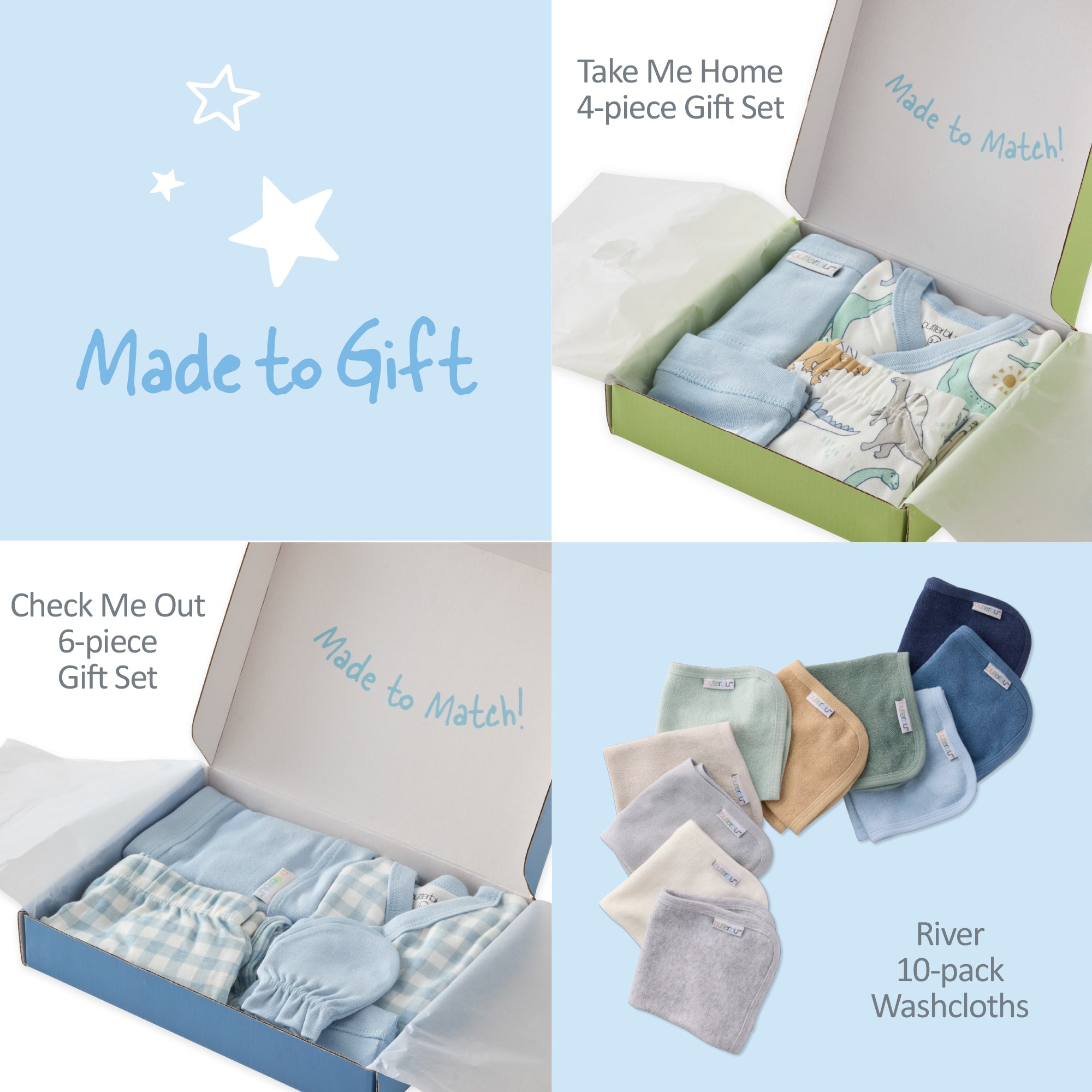 Baby gift sets with text indicating product names and quantities on a light blue background.