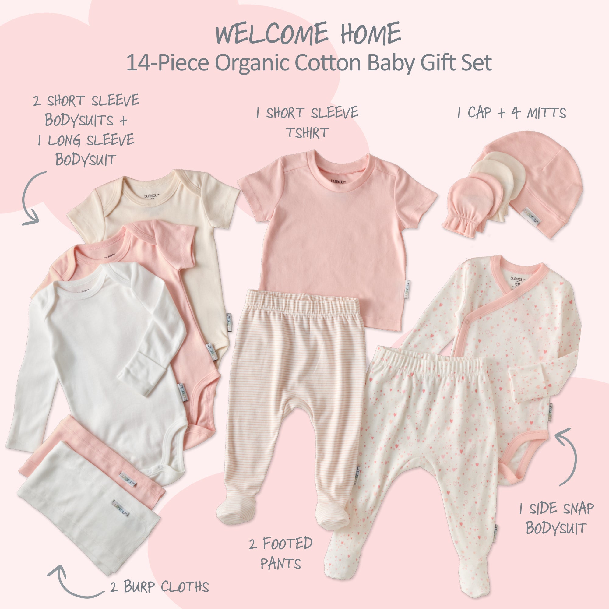 14-piece organic cotton baby gift set with baby clothes on a pink background