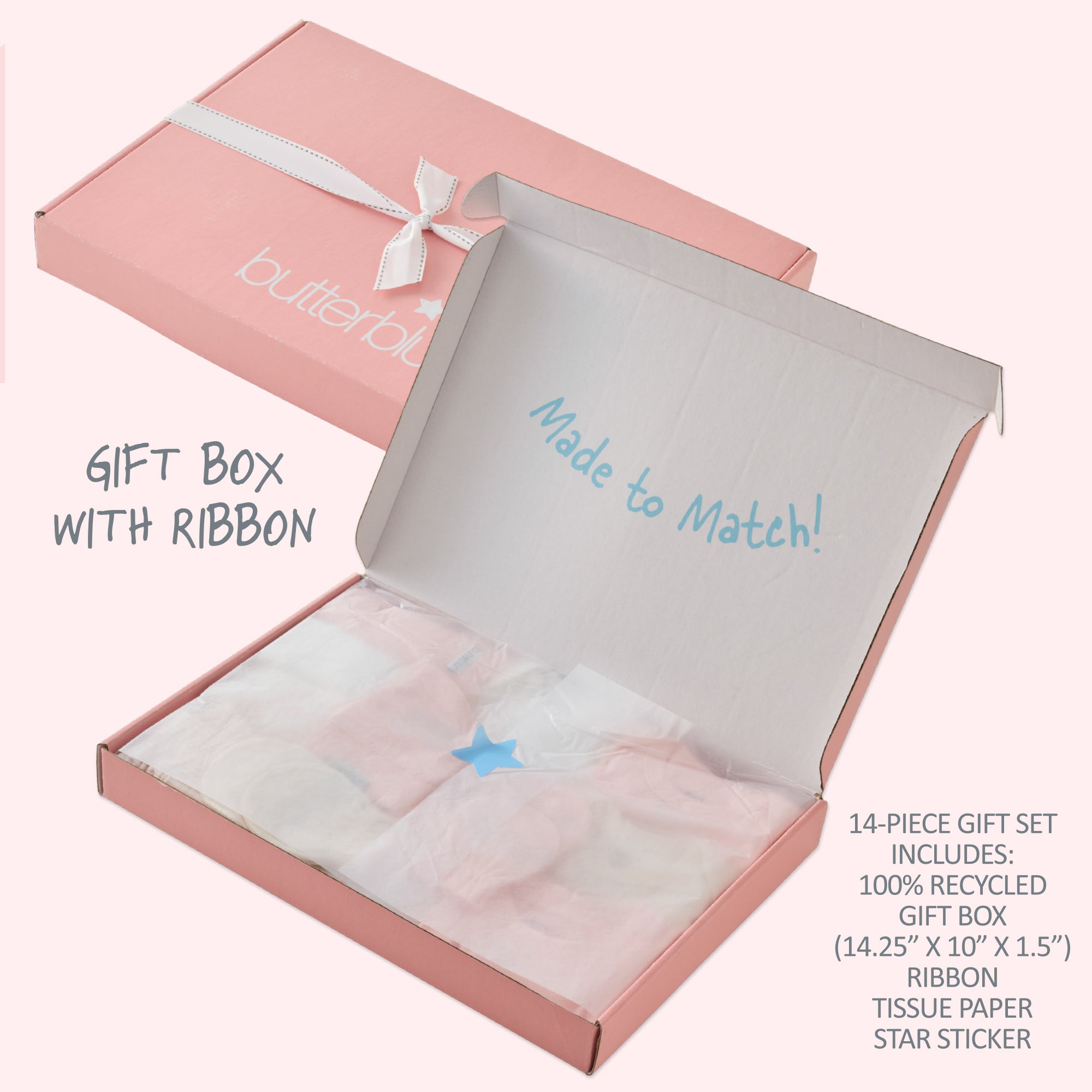 Pink gift box with ribbon and recycled tissue paper, featuring 'butterblu' branding.