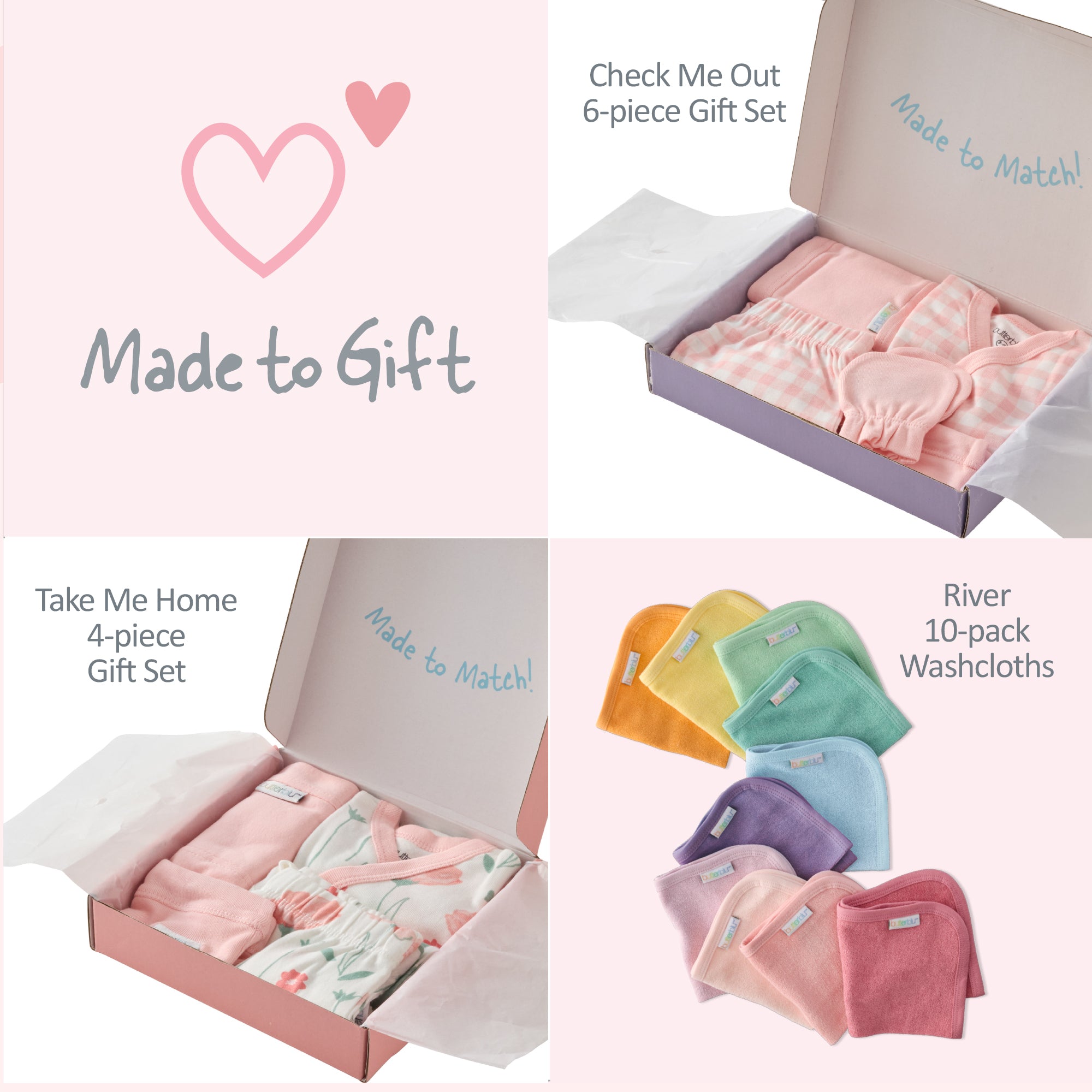 Baby gift sets and washcloths with 'Made to Gift' branding.