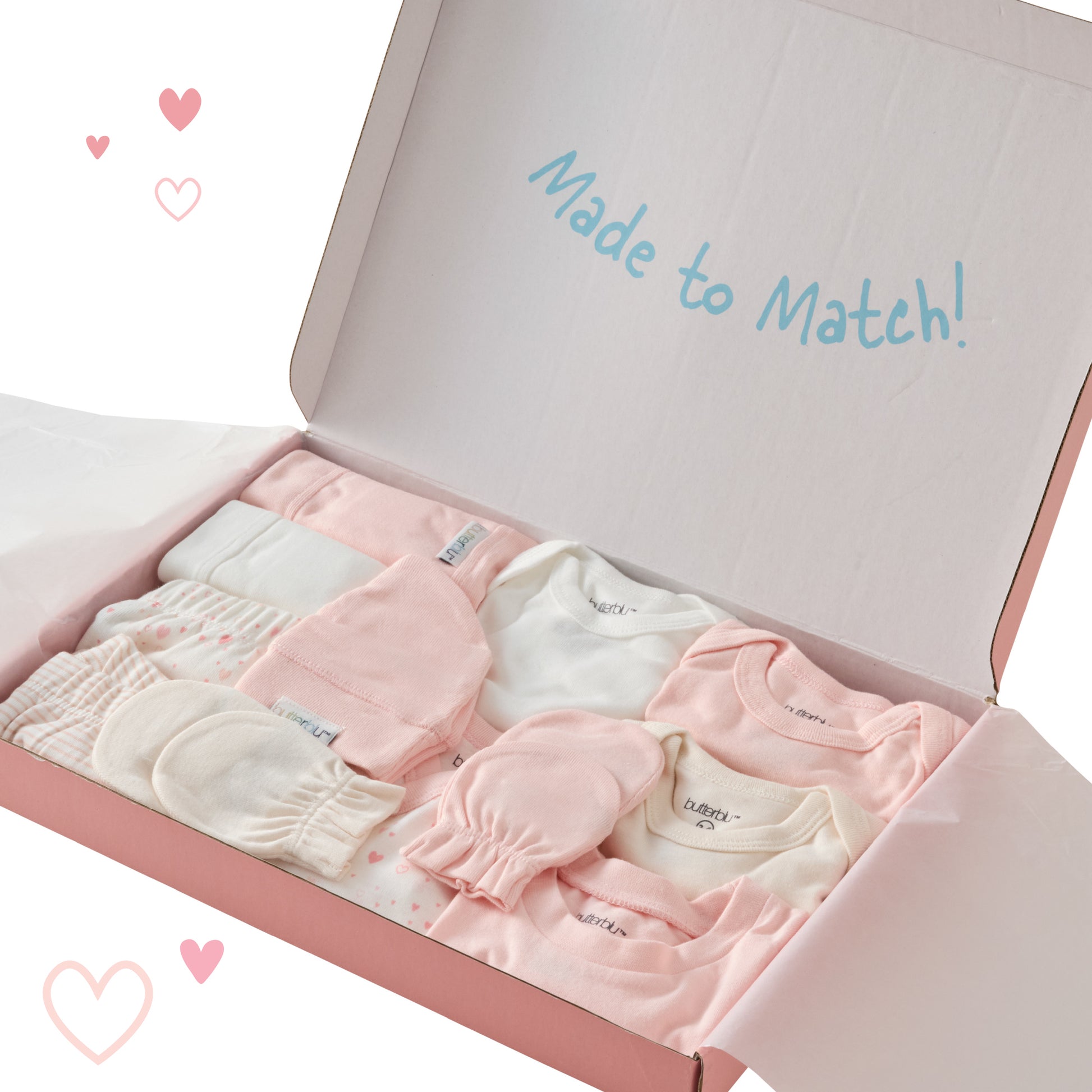 Baby clothing set in a pink box with 'Made to Match!' text on a white background