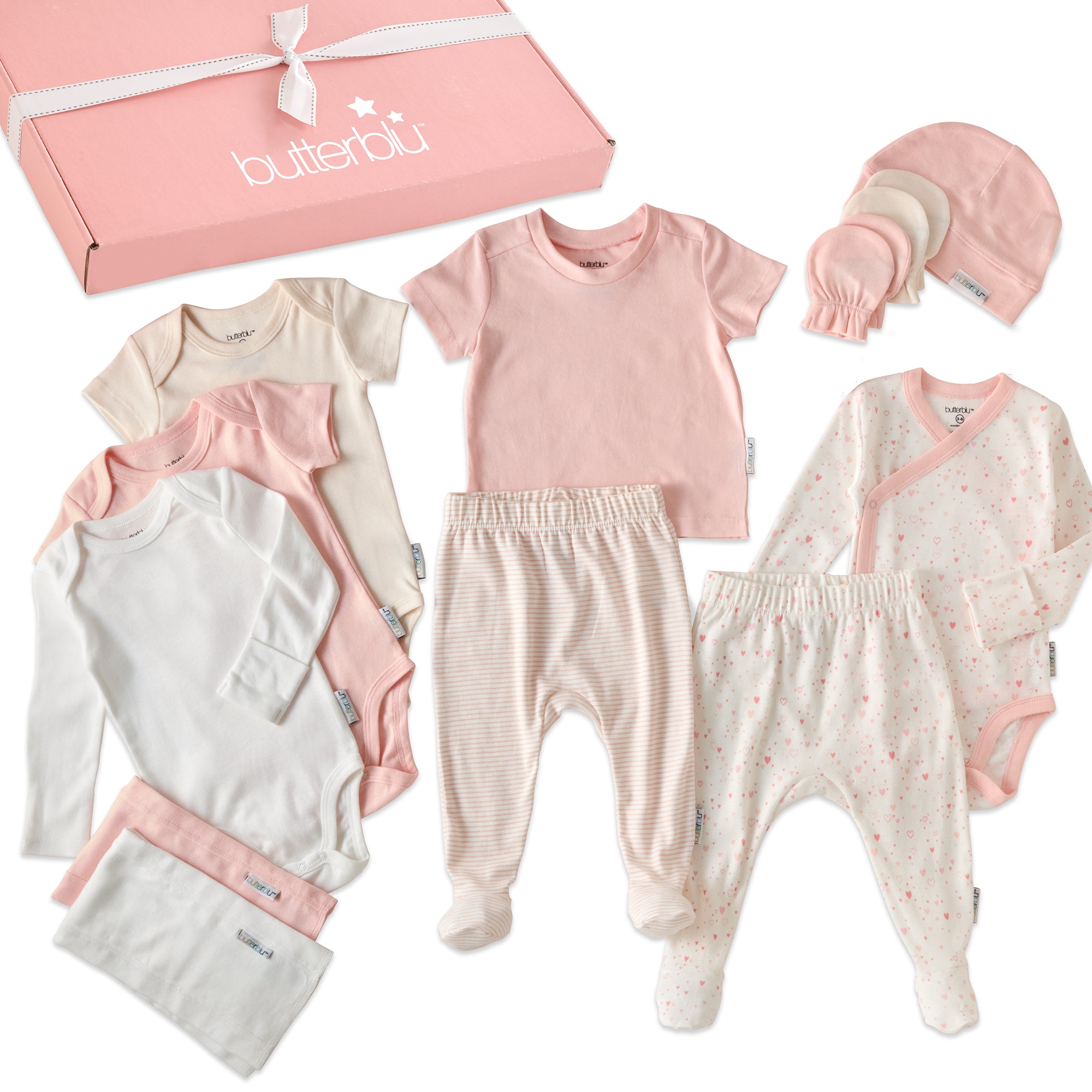 Collection of baby clothes including shirts, pants, and a hat on a white background with 'butterblu' branding.