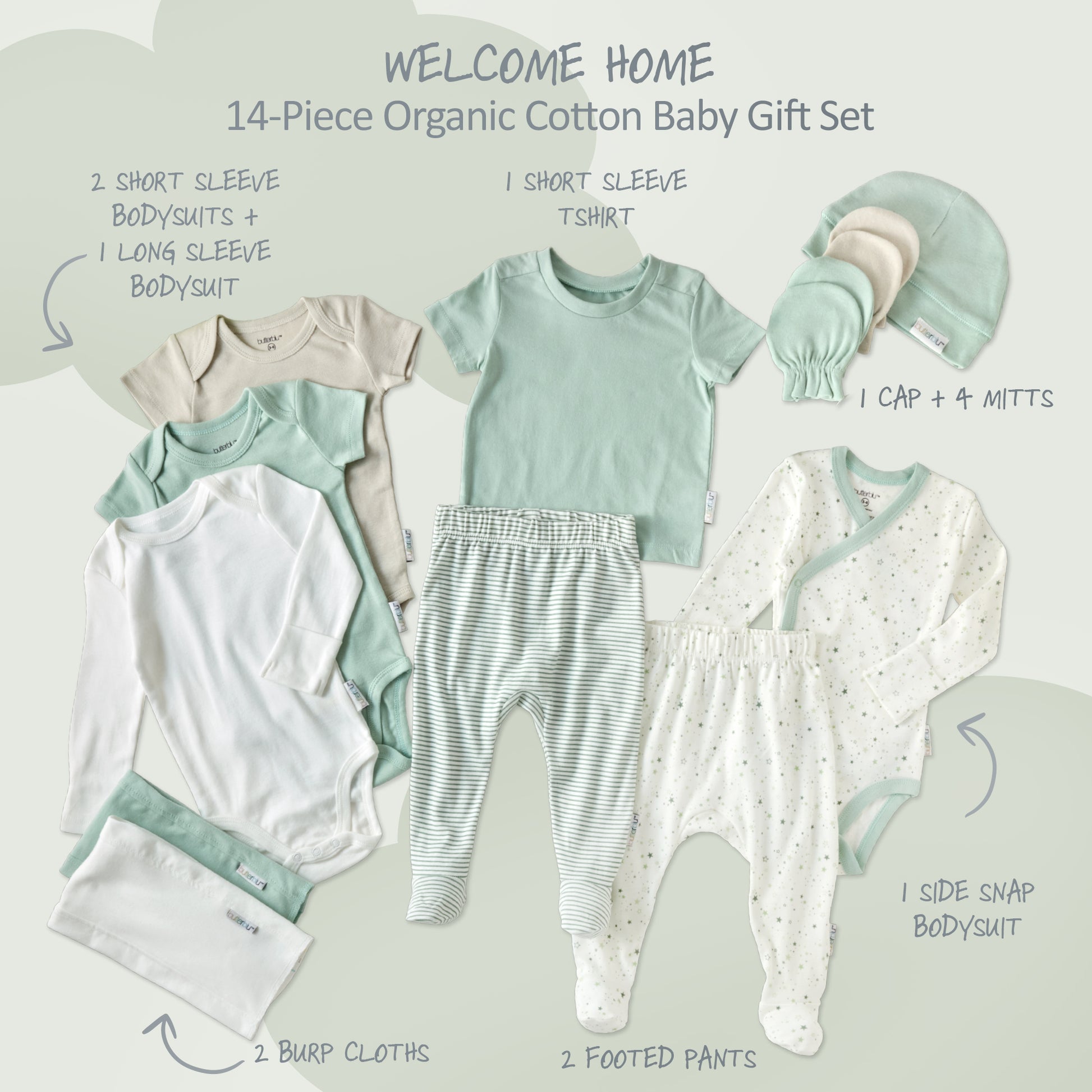 14-piece organic cotton baby gift set with various baby clothes on a light gray background