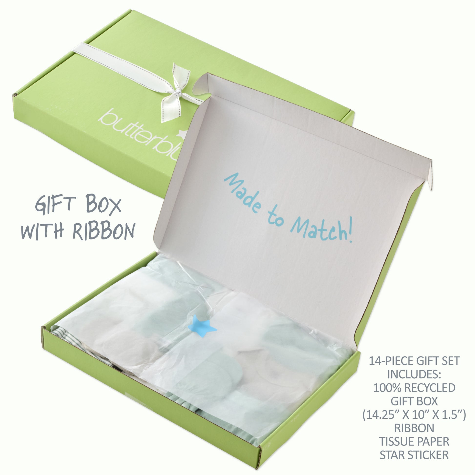Green gift box with ribbon and tissue paper, featuring 'butterblu' branding.