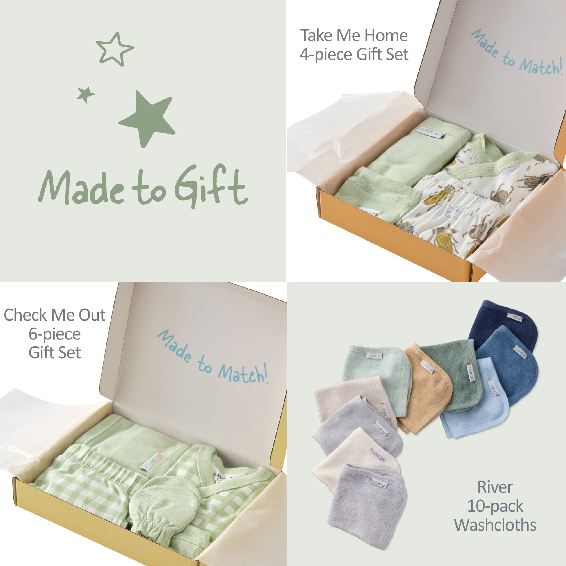 Collage of baby gift sets with text indicating product names and set sizes.