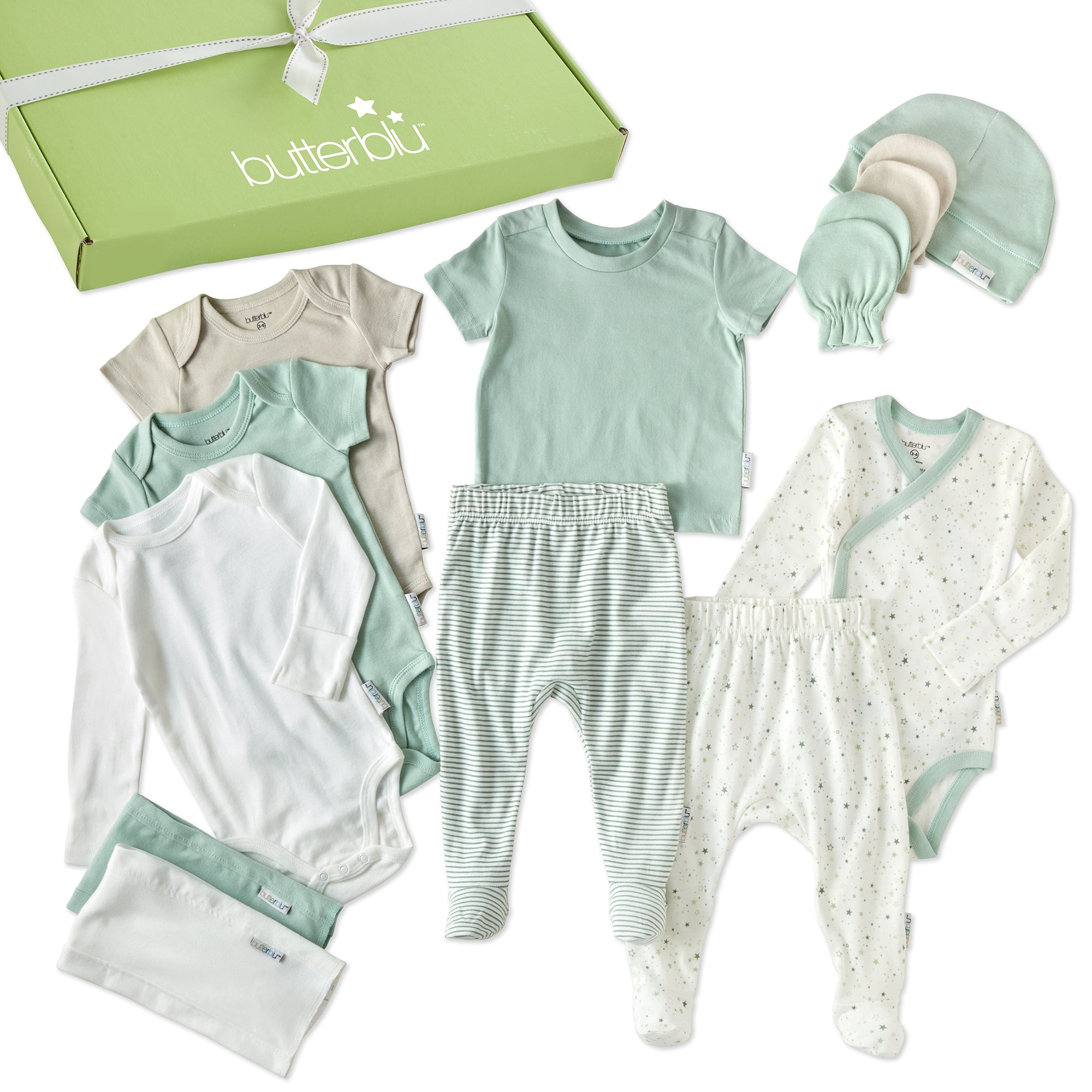 Collection of baby clothes including onesies, pants, and a hat with a 'butterblu' brand box.