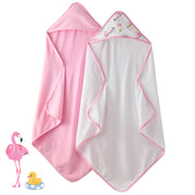 2 Fab Flamingo hooded towels on a white background with flamingo graphic