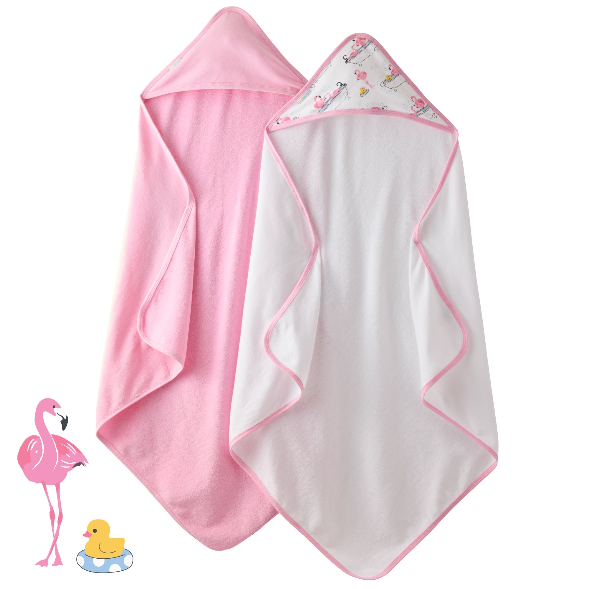 2 Fab Flamingo hooded towels on a white background with flamingo graphic