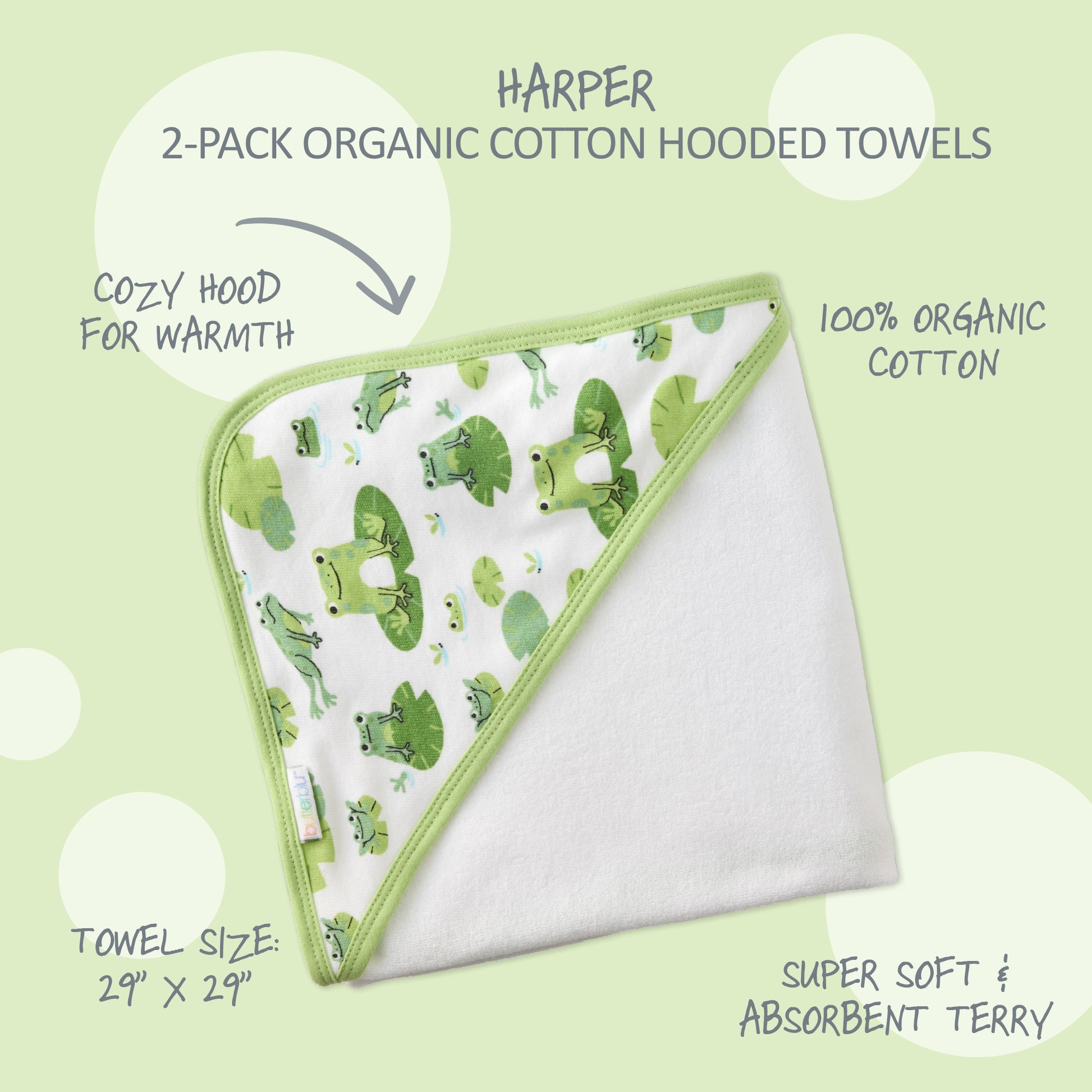Harper Hooded towel surrounded by product descriptions