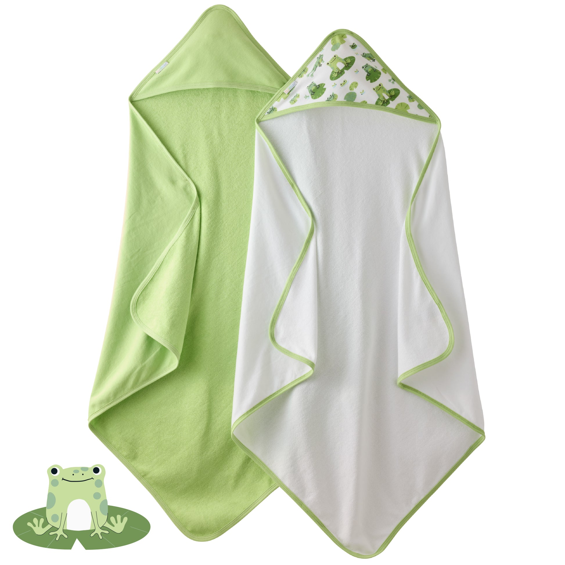2 Leap Frog hooded towels on a white background with Frog graphic
