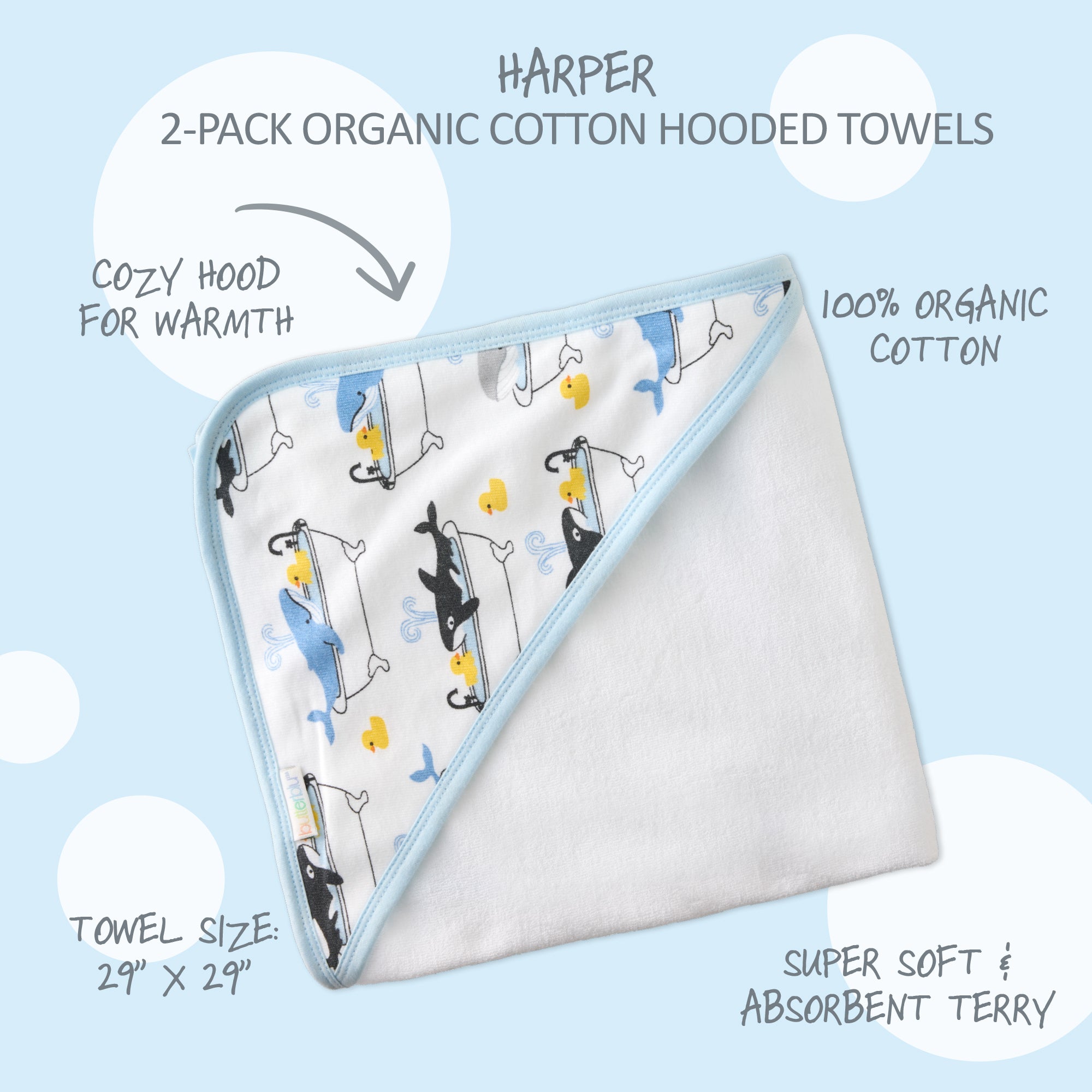Harper Hooded towel surrounded by product descriptions