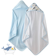 2 Oh Whale hooded towels on a white background with whale graphic
