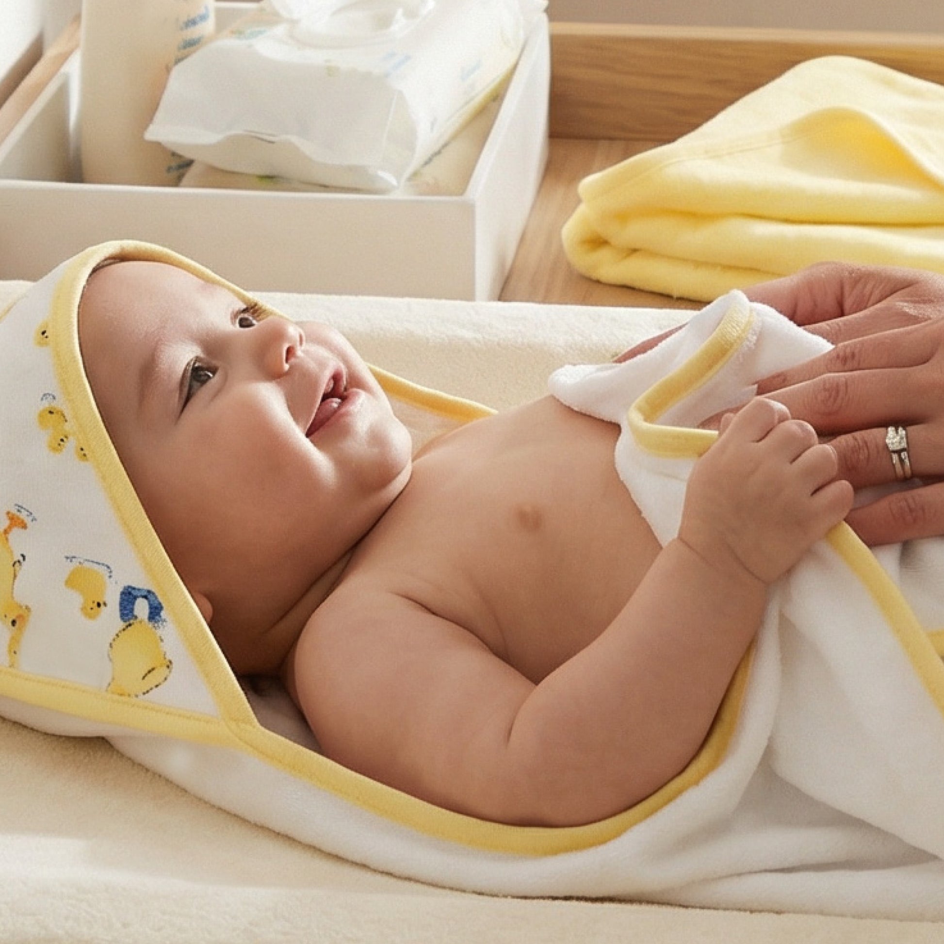 Baby wearing hooded towel
