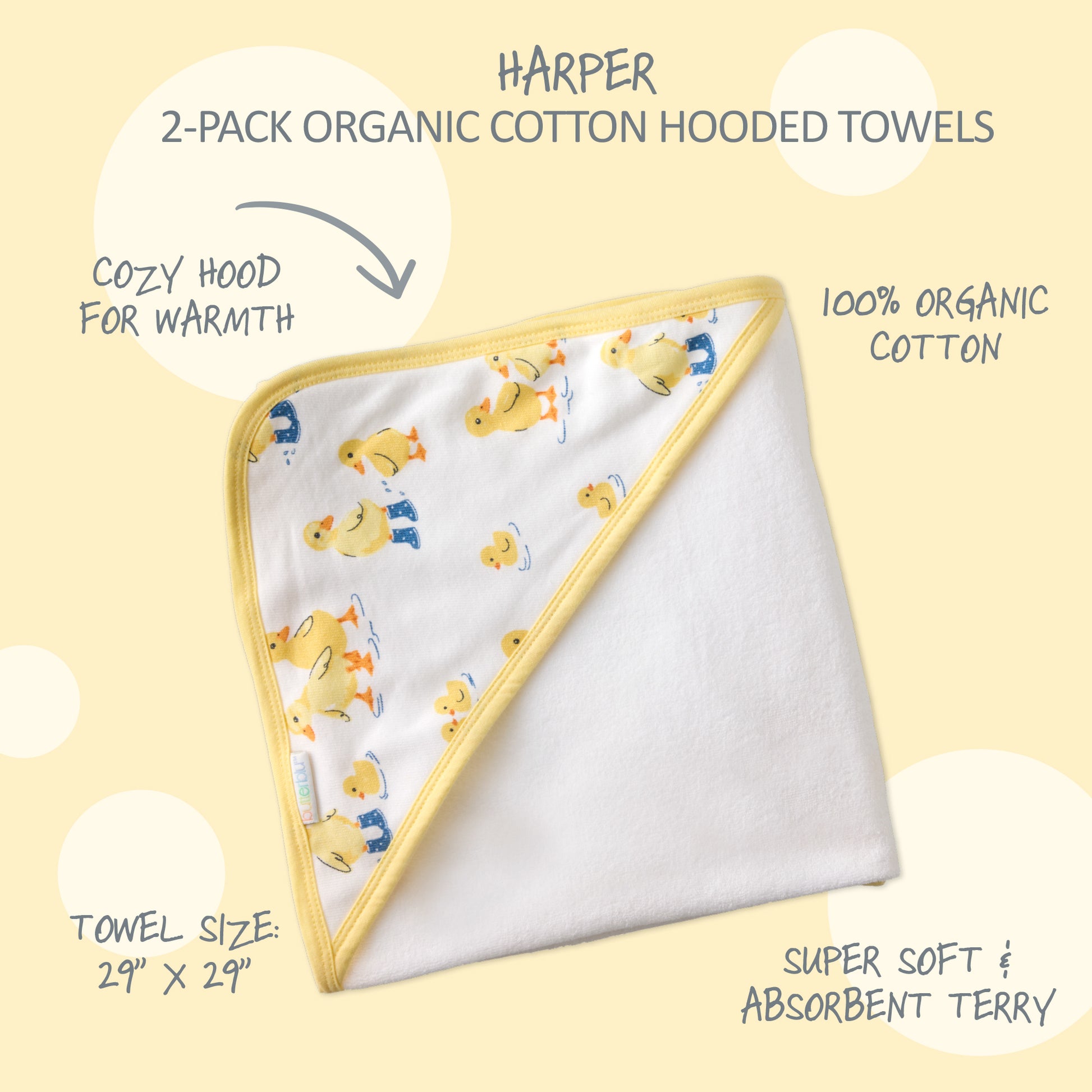 Harper Hooded towel surrounded by product descriptions