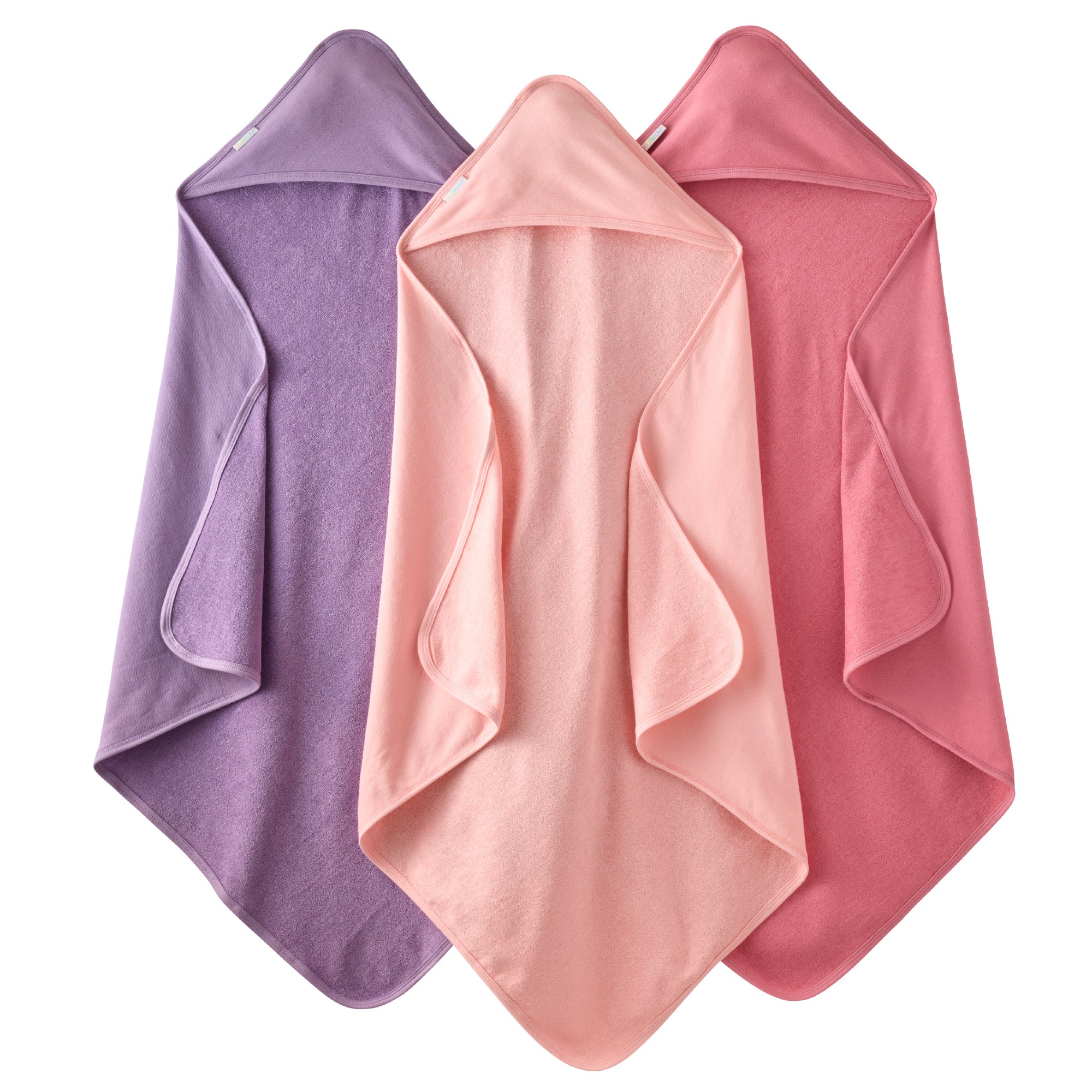 3 Pink hooded towels on a white background
